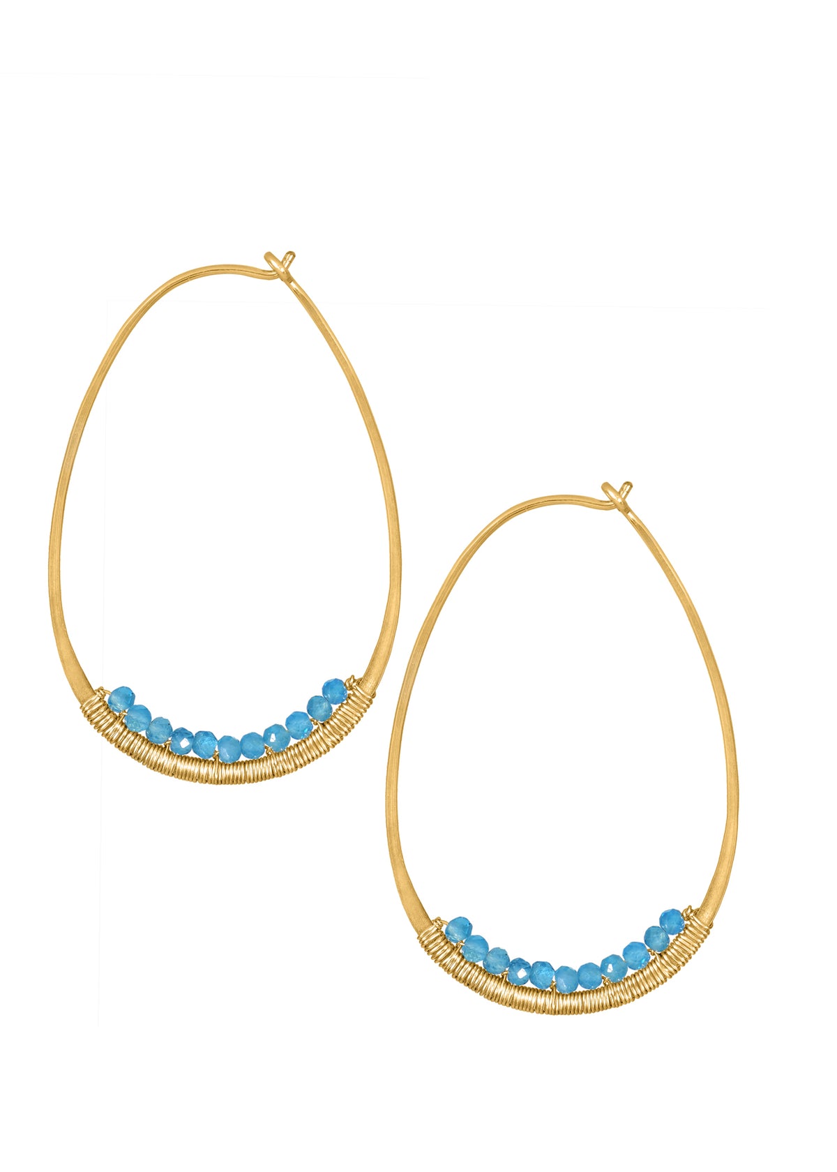 Blue apatite hoop earrings in 14k gold fill with hand wire-wrapped oval frames on a white background.