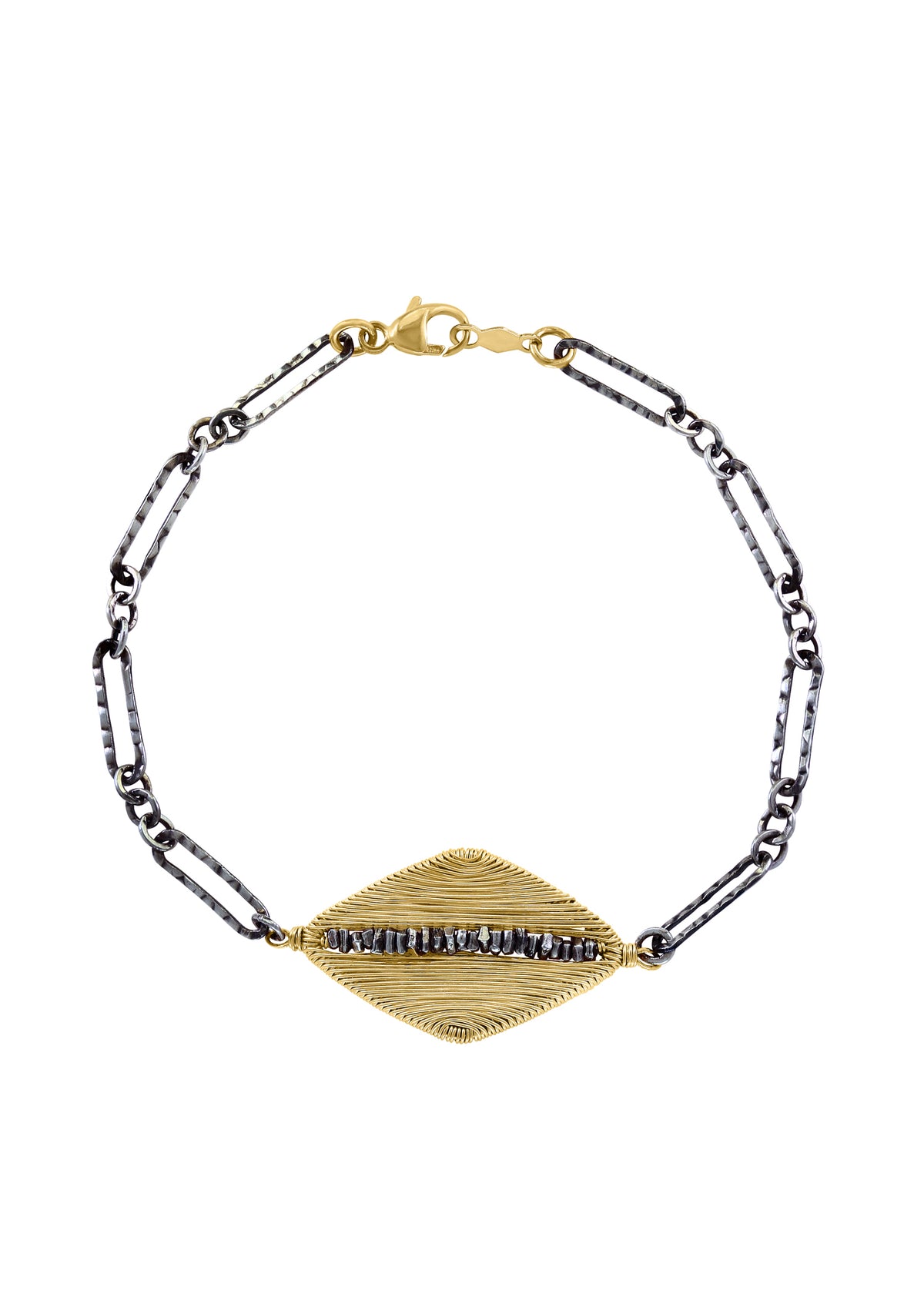 Mezzo bracelet with 14k gold fill and sterling silver, featuring a hand wire-wrapped diamond-shaped pendant on a chain.