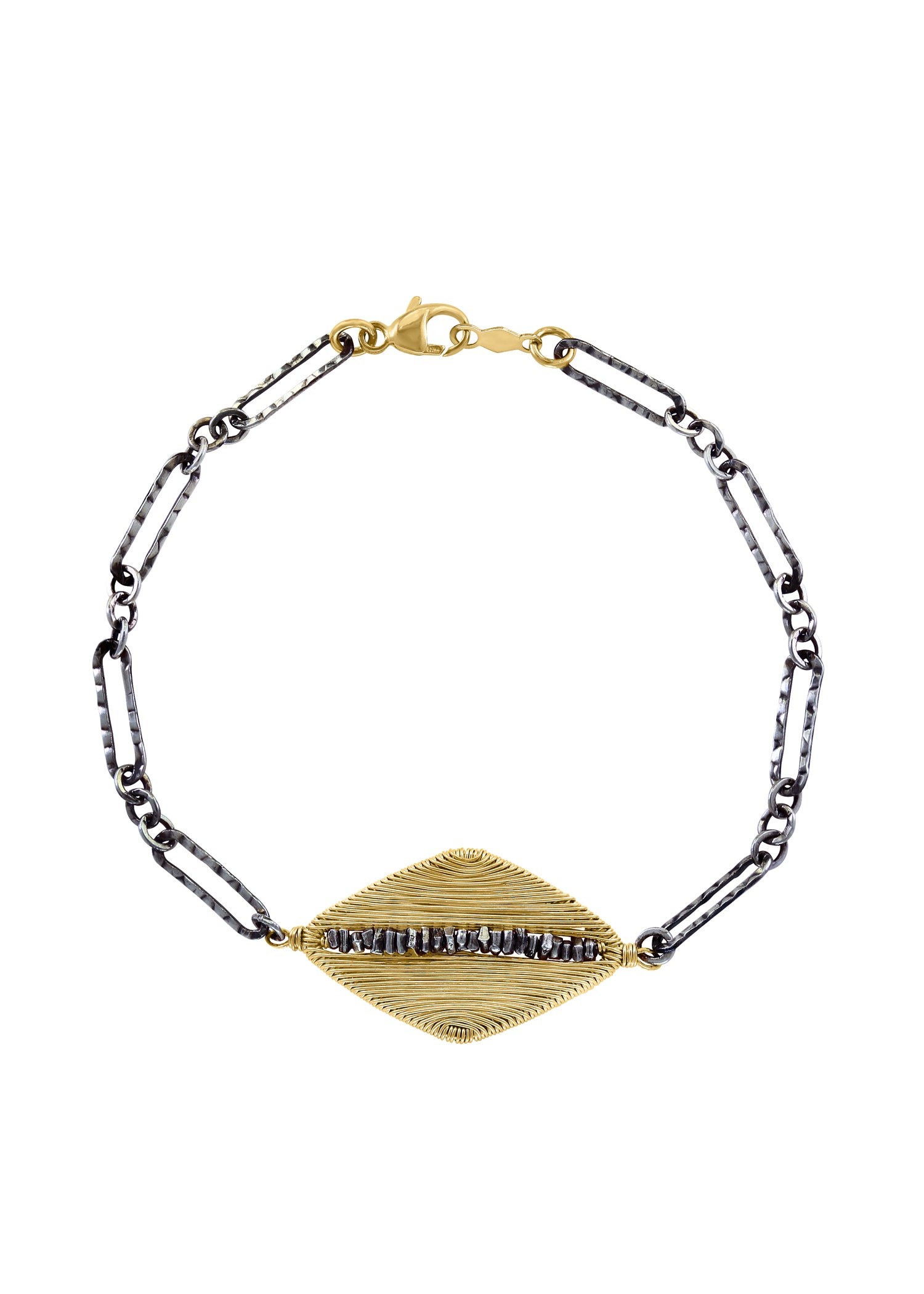 Mezzo bracelet with 14k gold fill and sterling silver, featuring a hand wire-wrapped diamond-shaped pendant on a chain.