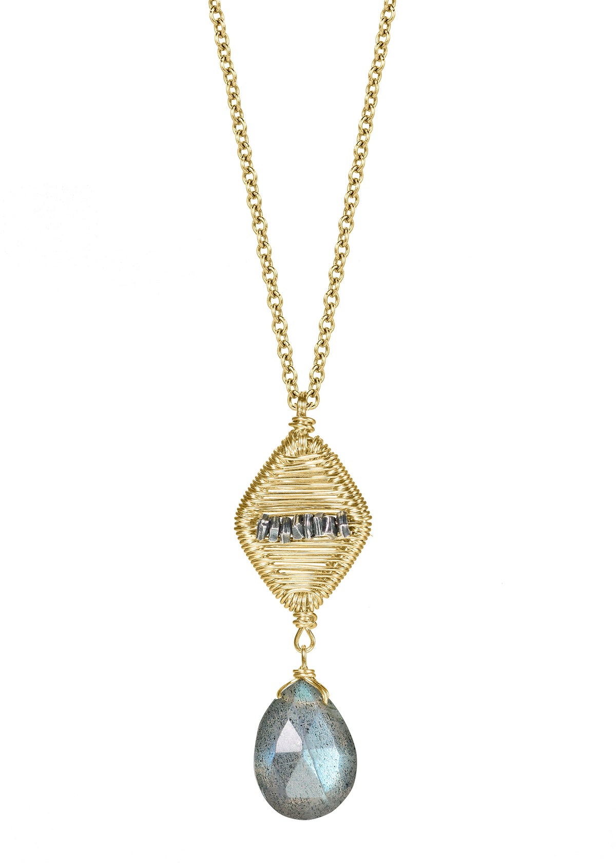 Labradorite drop necklace with hand wire-wrapped 14k gold fill and sterling silver cubes on a 17-inch chain.