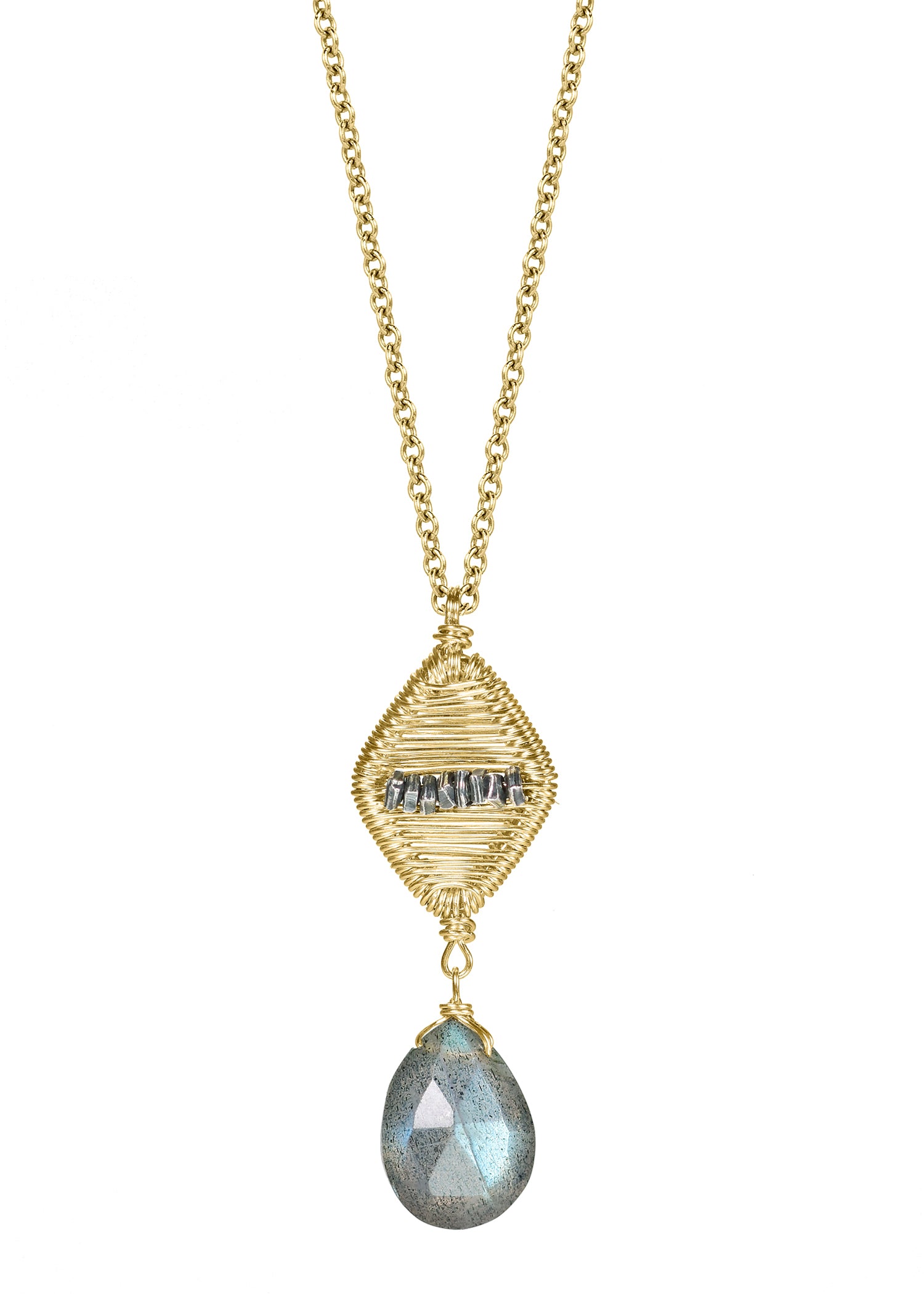 Labradorite drop necklace with hand wire-wrapped 14k gold fill and sterling silver cubes on a 17-inch chain.