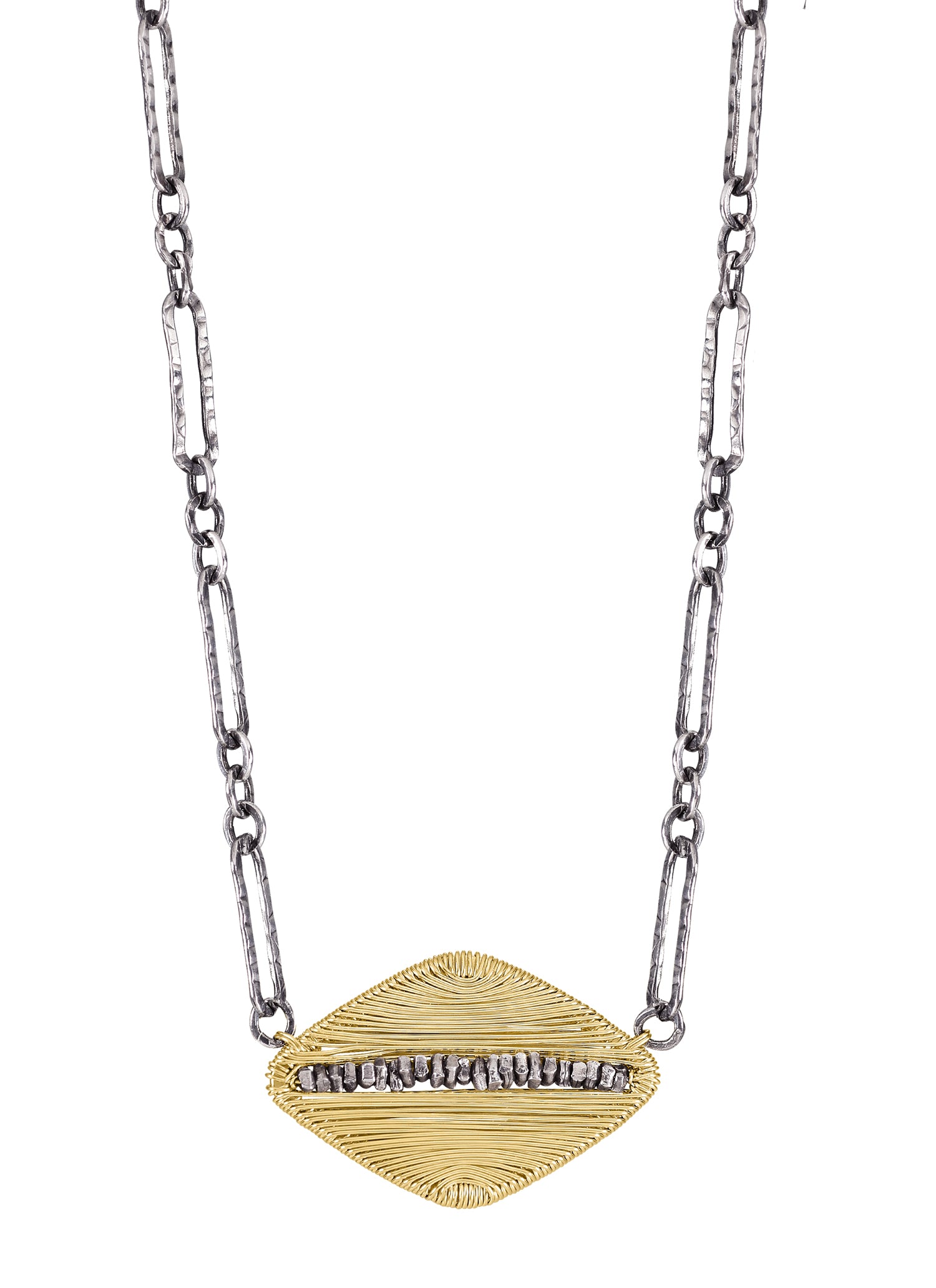 Mezzo necklace with a diamond-shaped 14k gold fill pendant on a textured sterling silver chain.