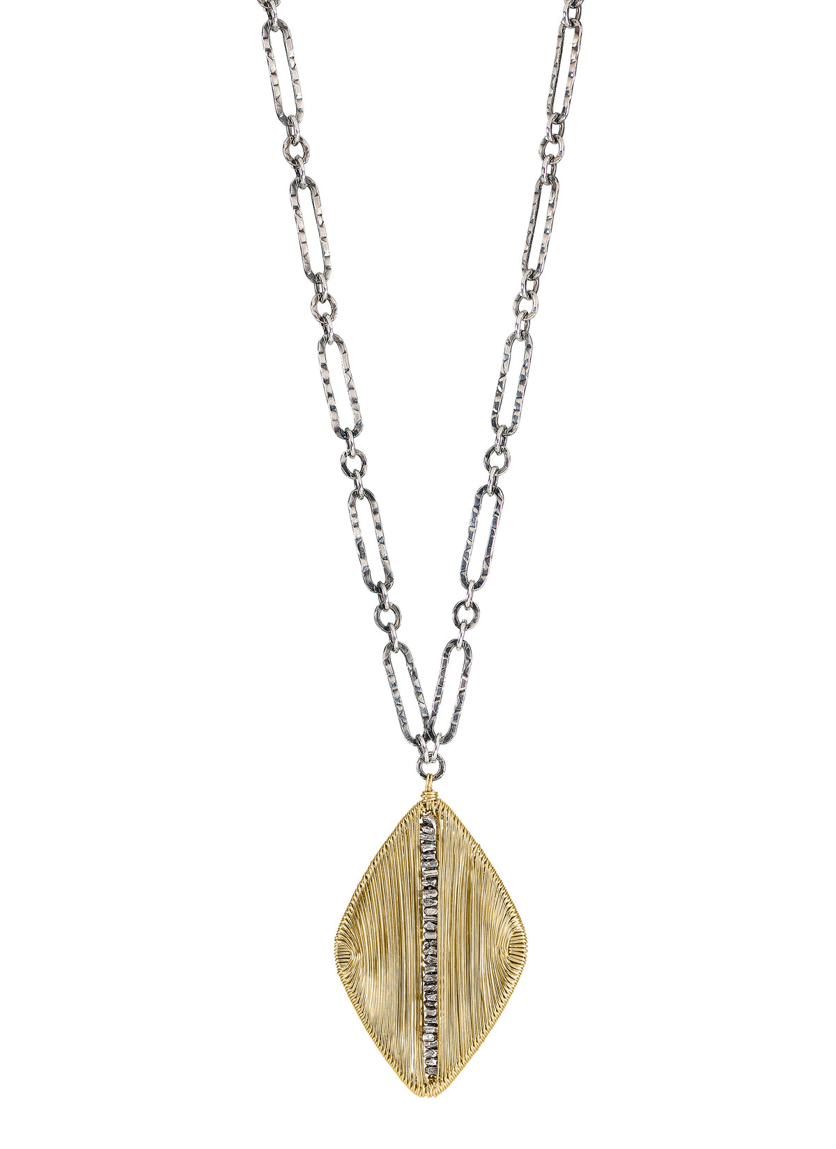Vertical pendant necklace with a 14k gold fill and sterling silver diamond-shaped charm on a textured silver chain.