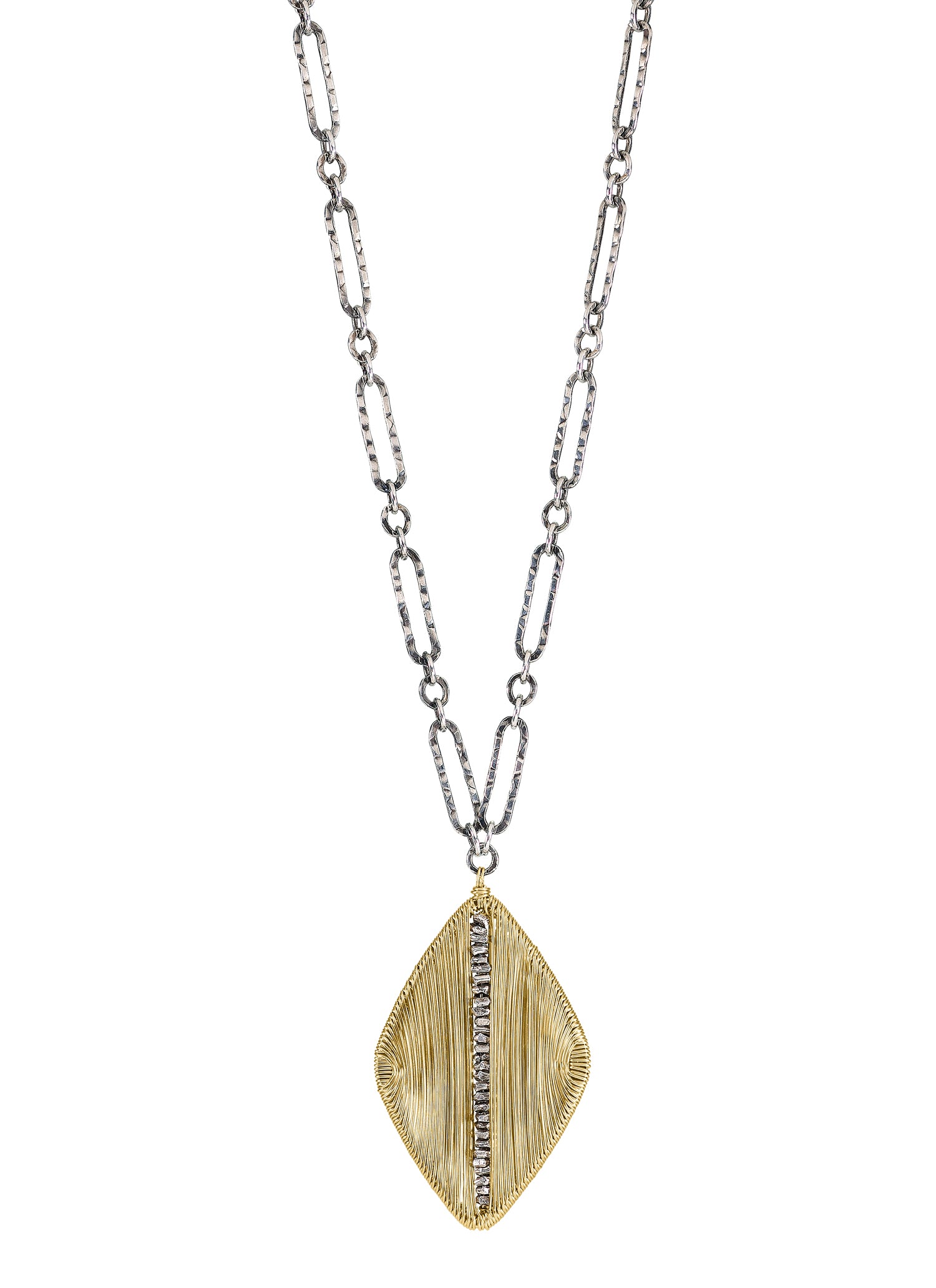 Vertical pendant necklace with a 14k gold fill and sterling silver diamond-shaped charm on a textured silver chain.