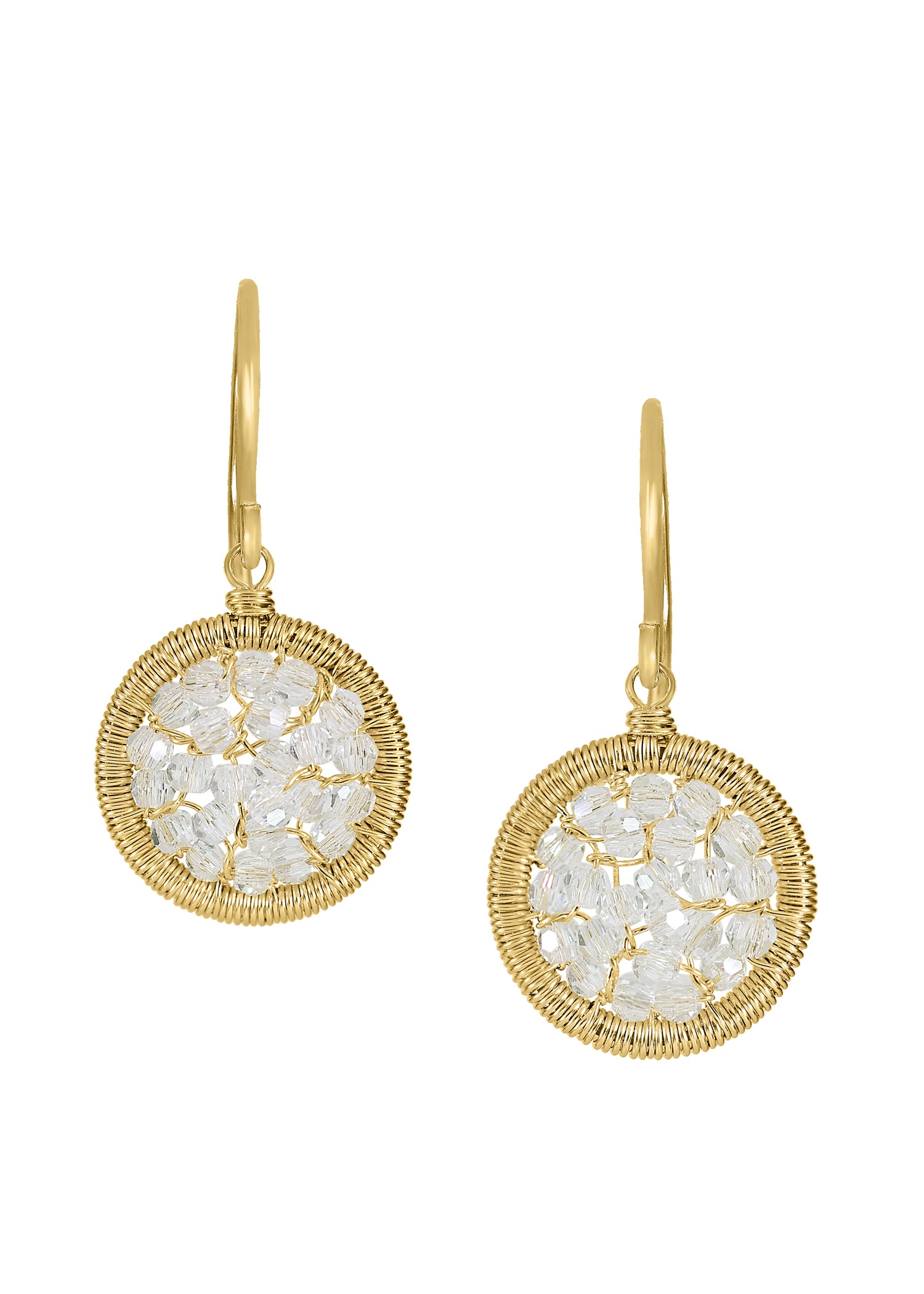 Crystal earrings in 14k gold fill with hand wire-wrapped round frames on gold ear wires.