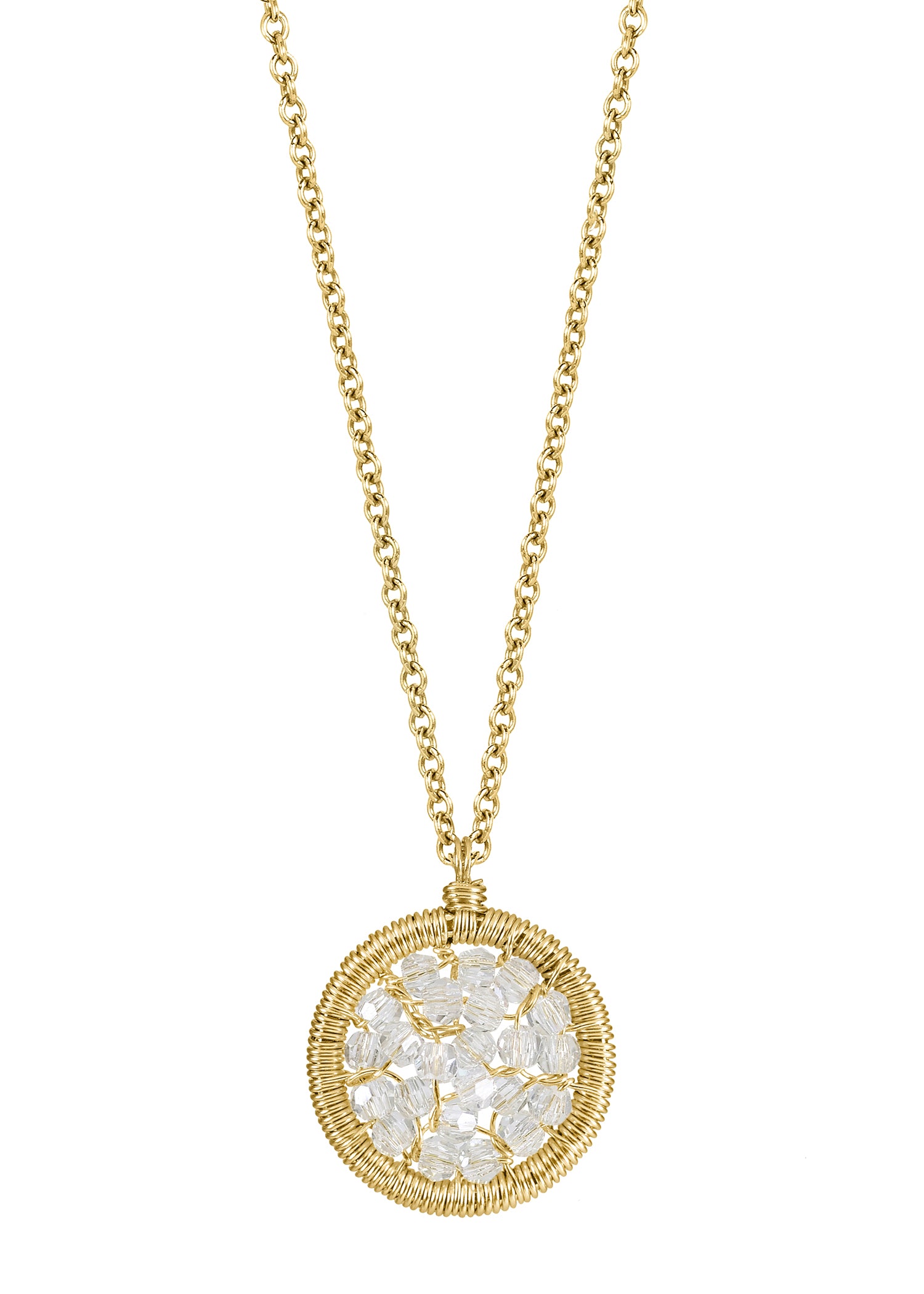Crystal necklace in 14k gold fill featuring a round, hand wire-wrapped pendant with clear crystals on a 16-inch chain.