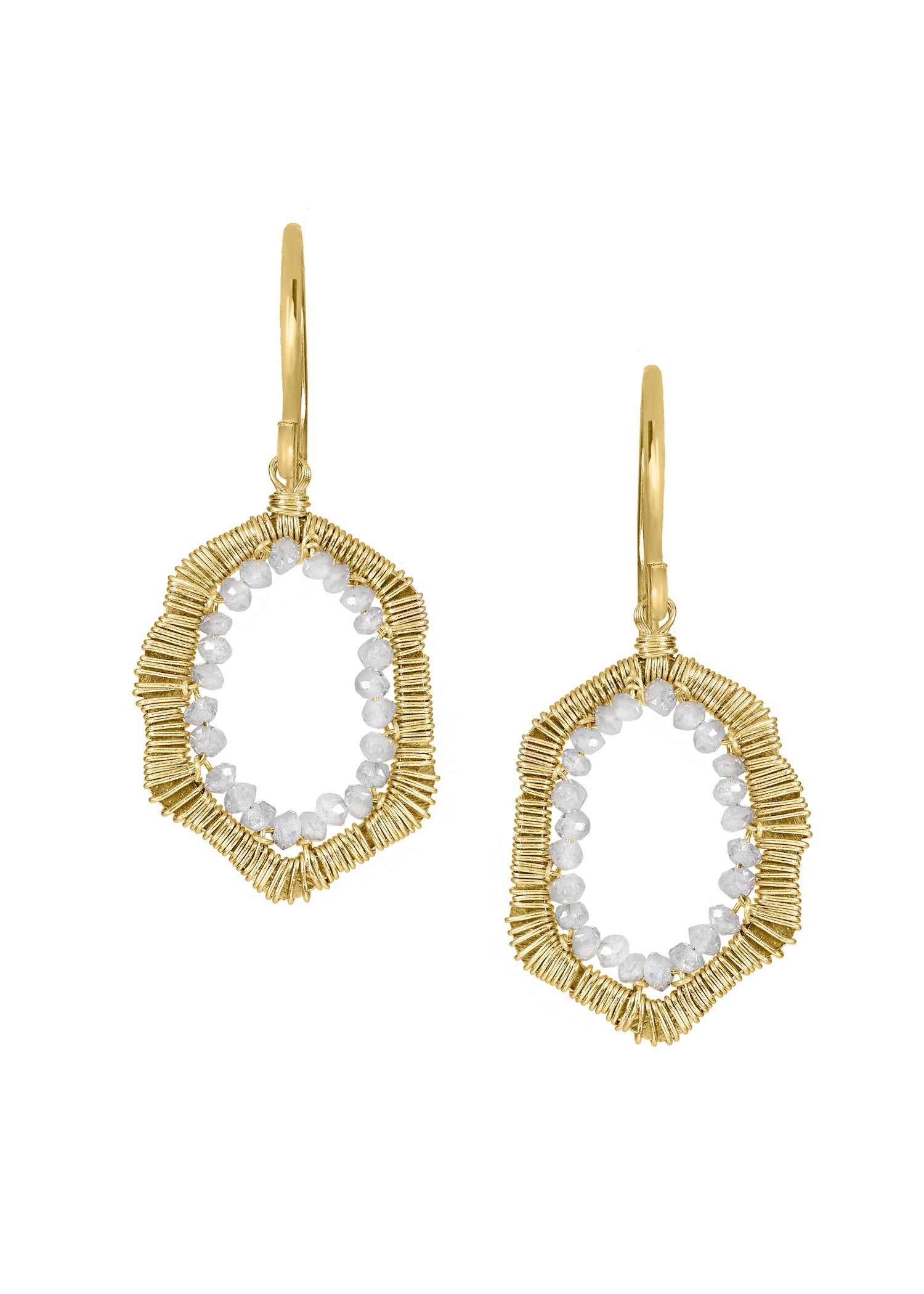 Diamond hoop earrings in 14k gold with hand wire-wrapped gray diamond beads in an organic, ruffled geode shape.