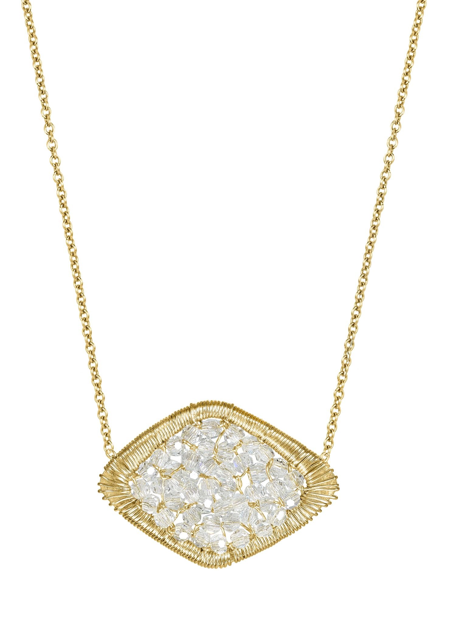 Mini diamond necklace in 14k gold fill with a hand wire-wrapped, marquise-shaped pendant featuring tiny clear crystals.
