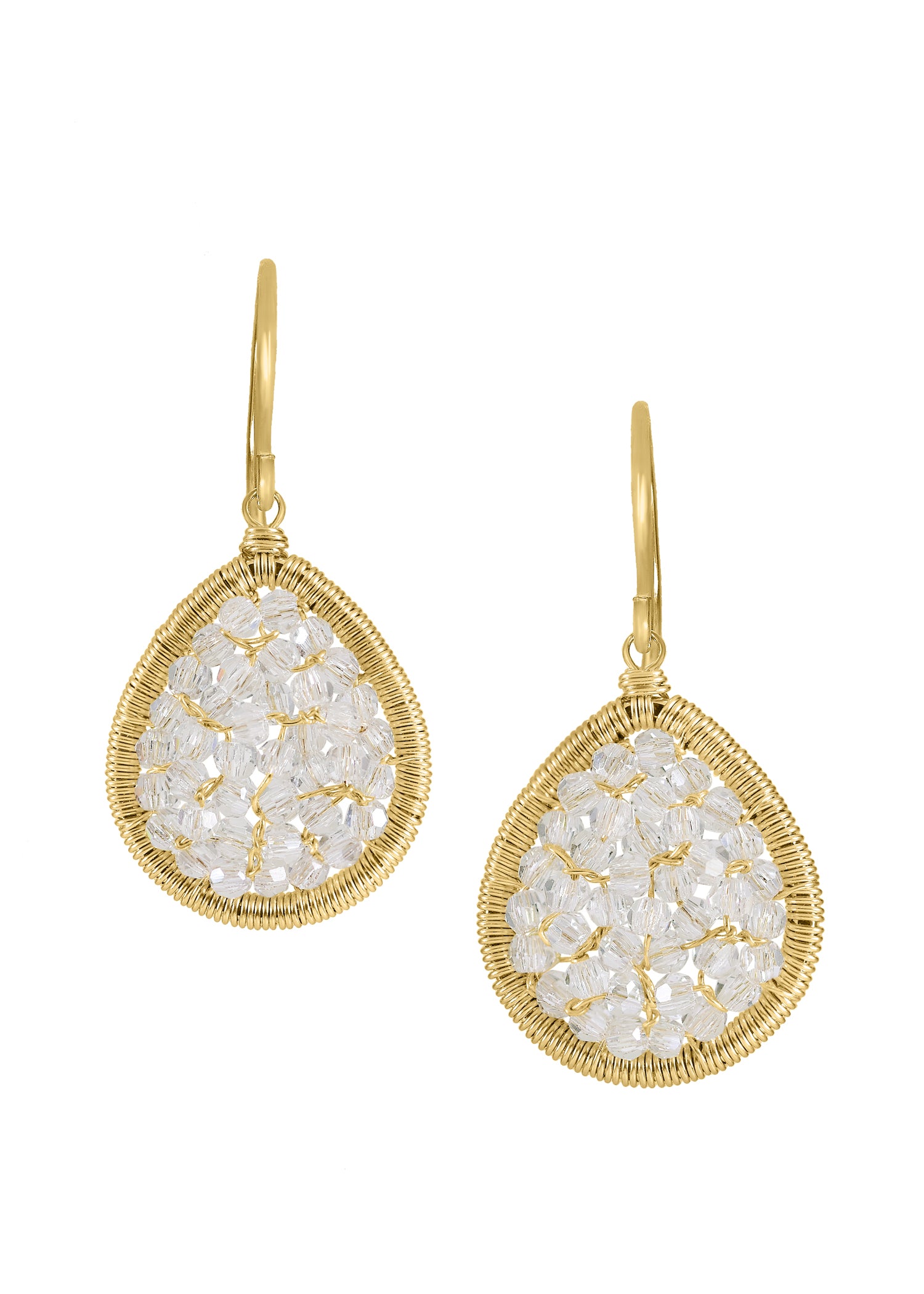 Crystal earrings in 14k gold fill with hand wire-wrapped oval frames and clear crystal accents.