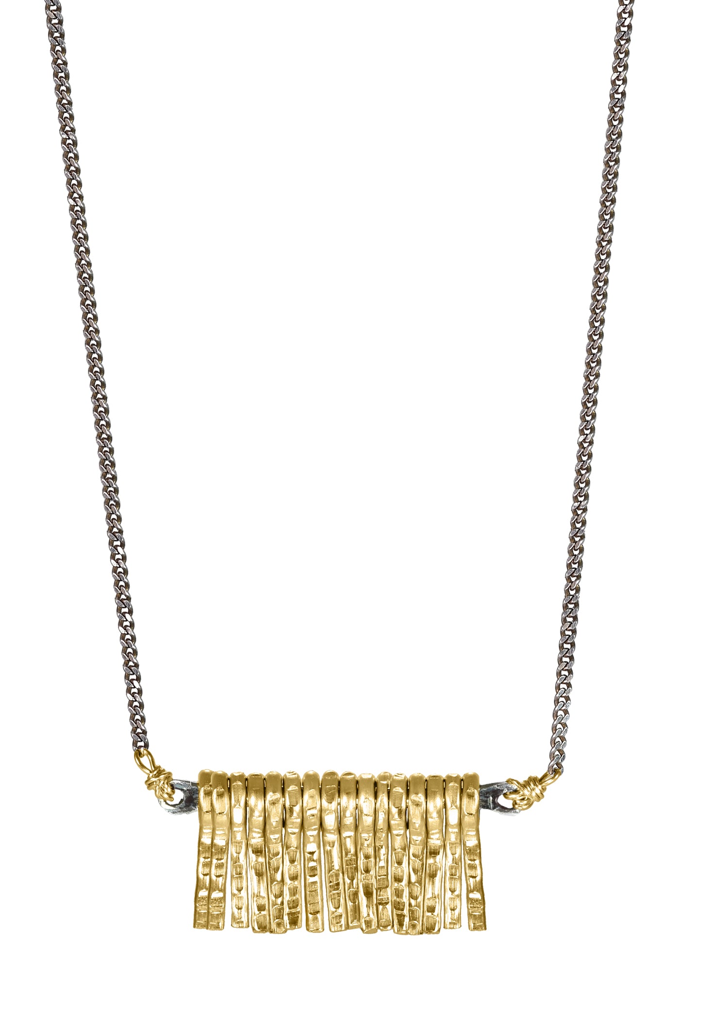 Fringe necklace with hand-textured 14k gold fill bars on a sterling silver chain.