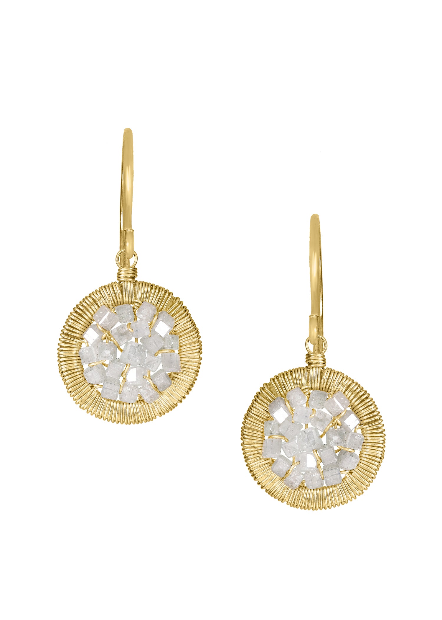 Diamond earrings in 14k gold, featuring hand wire-wrapped round frames with a cluster of tiny diamond cubes.