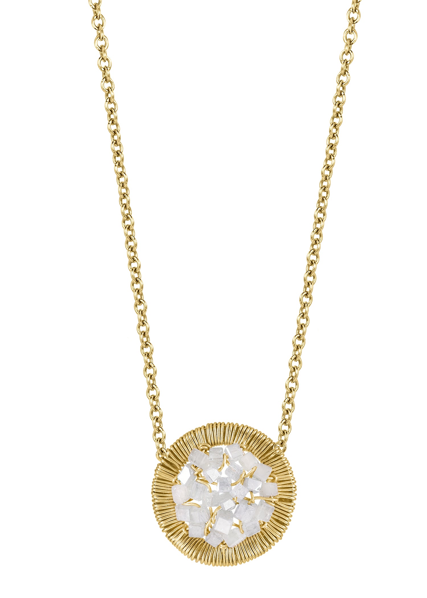 Diamond necklace in 14k gold with a hand wire-wrapped round pendant featuring a cluster of tiny diamond cubes.