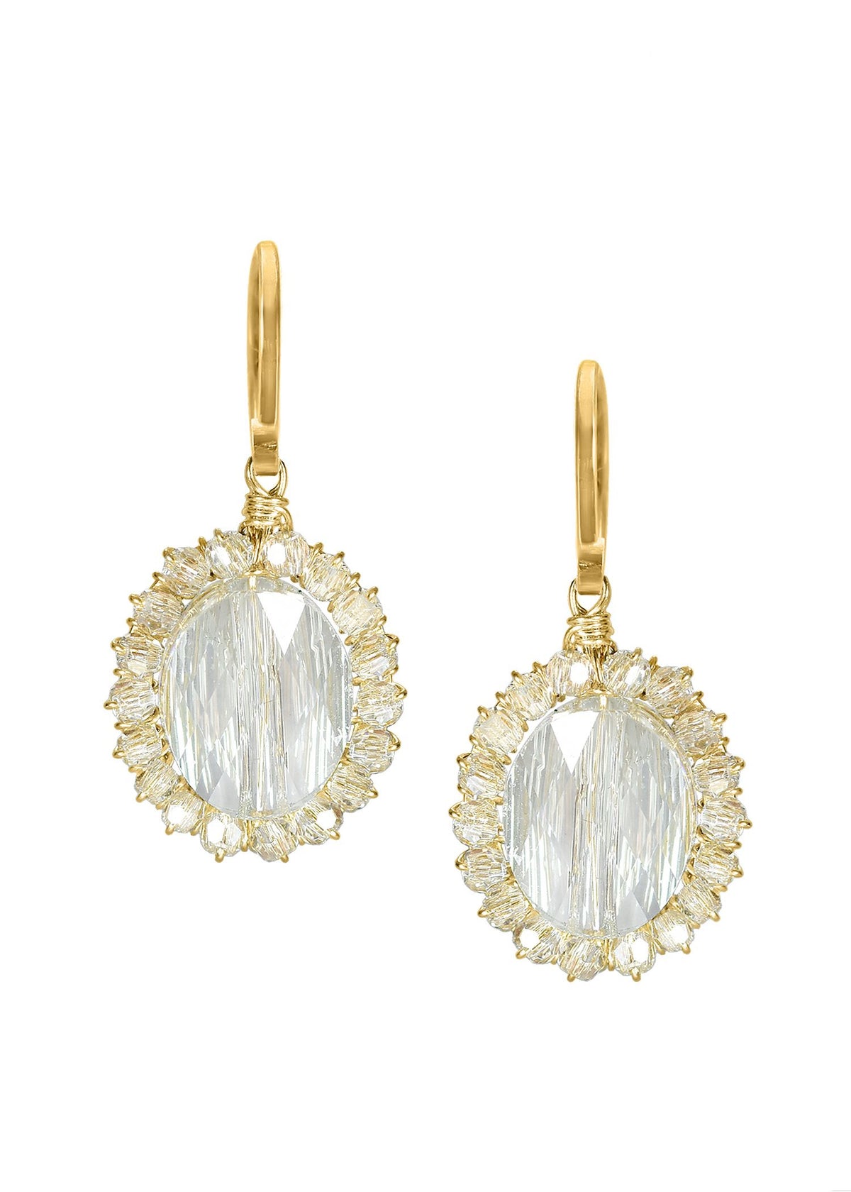 Crystal earrings in 14k gold fill, featuring hand wire-wrapped oval stones with a golden hue, measuring 1 inch by 0.5 inch.