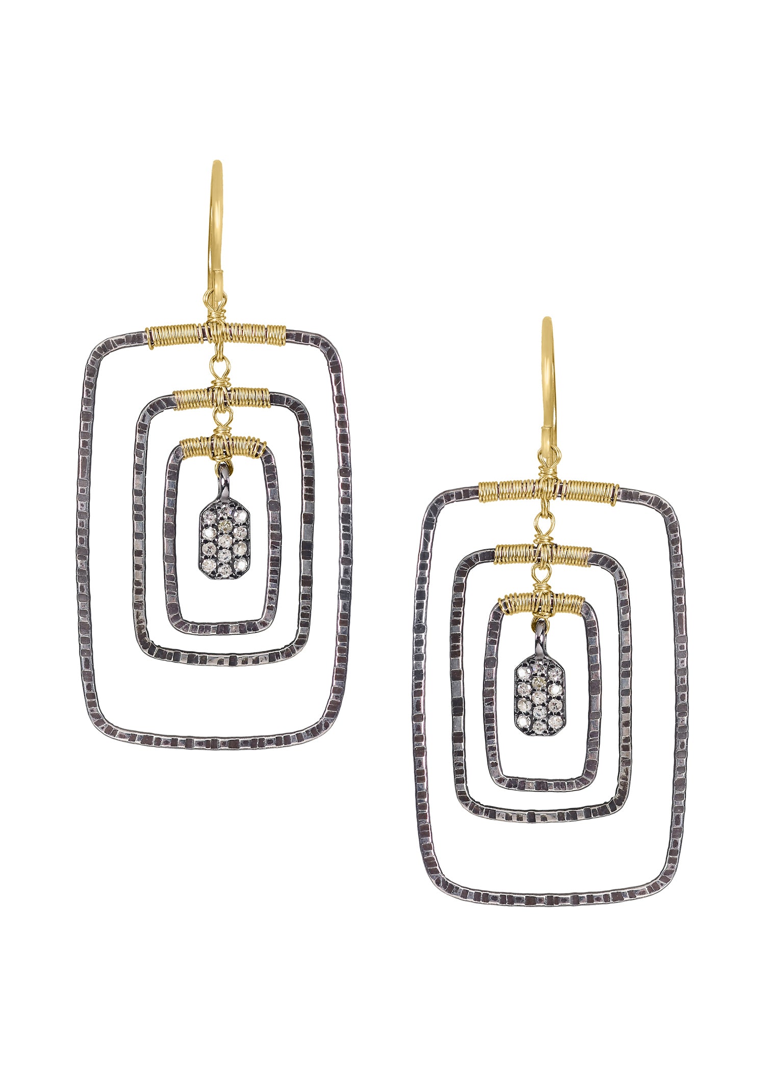 Diamond earrings in 14k gold and sterling silver featuring hand wire-wrapped rectangular frames in a nested design.
