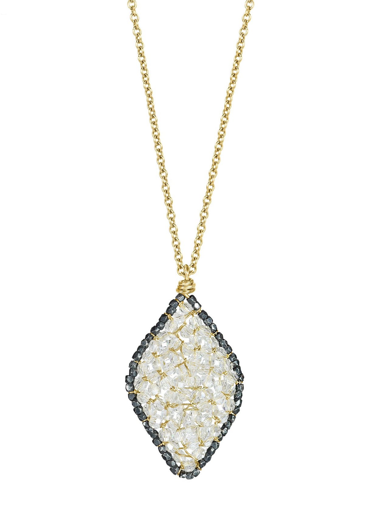 Crystal necklace with 14k gold fill chain and hand wire-wrapped blackened sterling silver mosaic pendant.
