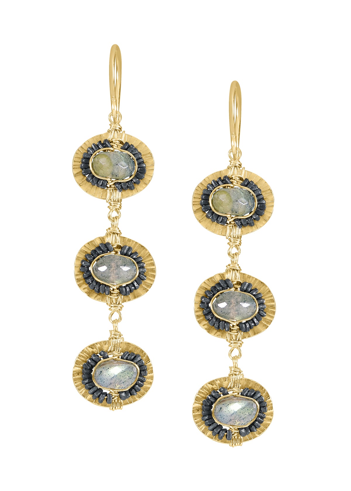 Labradorite earrings in 14k gold fill and blackened sterling silver with hand wire-wrapped, textured circular frames.