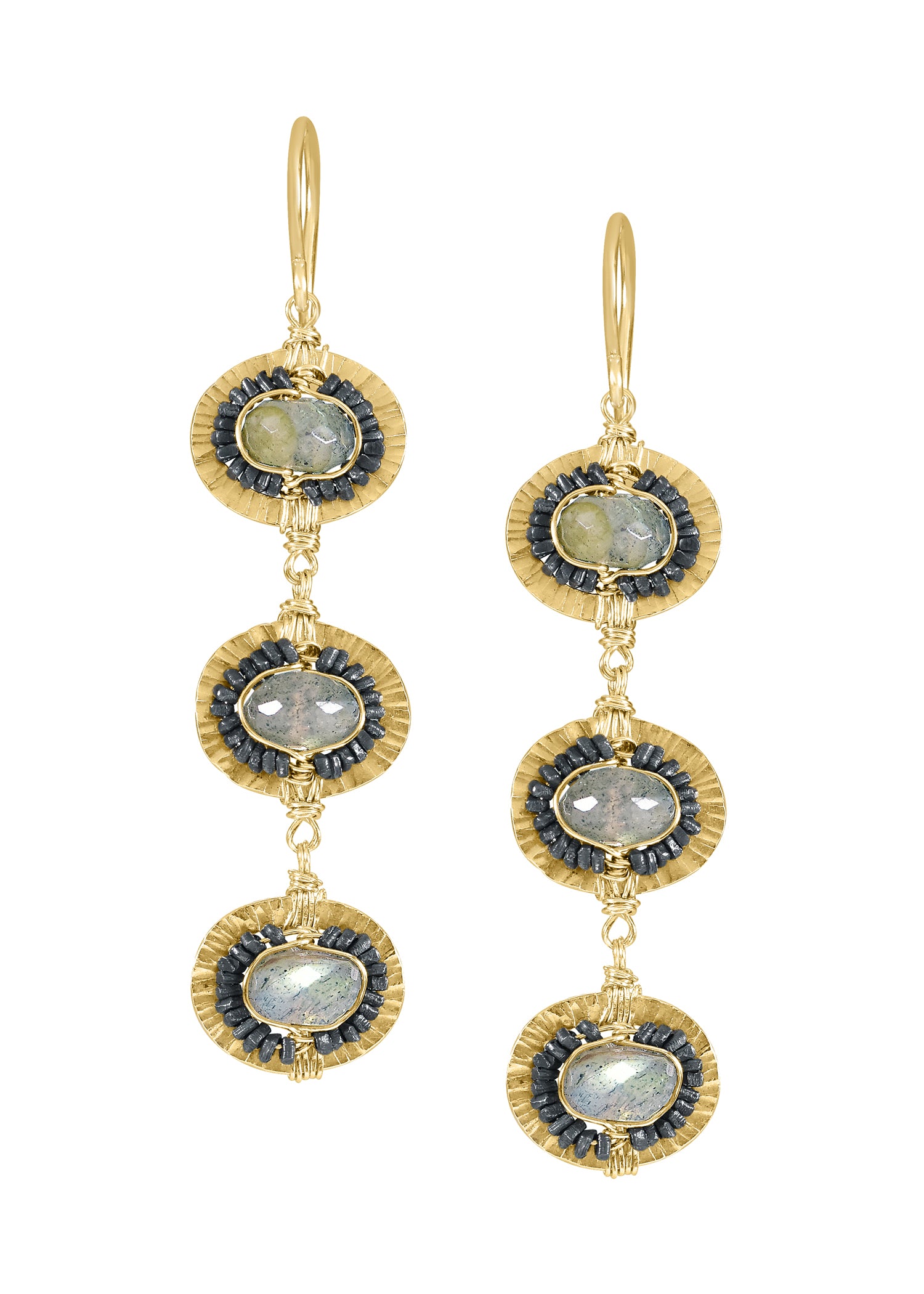 Labradorite earrings in 14k gold fill and blackened sterling silver with hand wire-wrapped, textured circular frames.