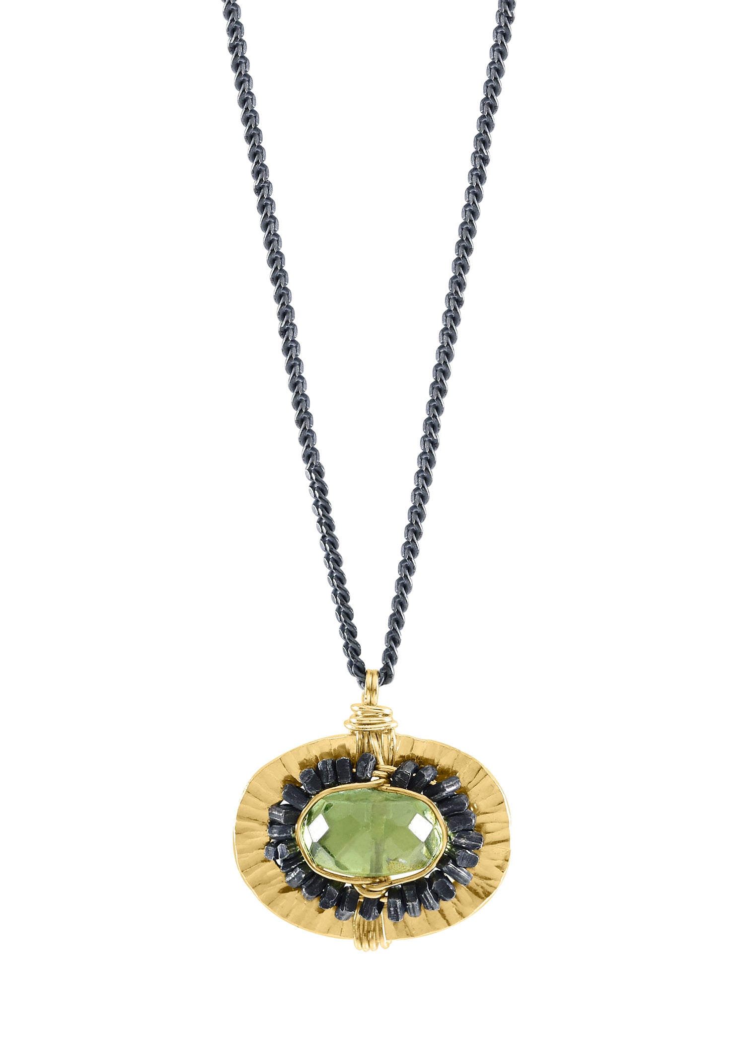Green apatite necklace with hand wire-wrapped 14k gold fill frame and blackened sterling silver chain.