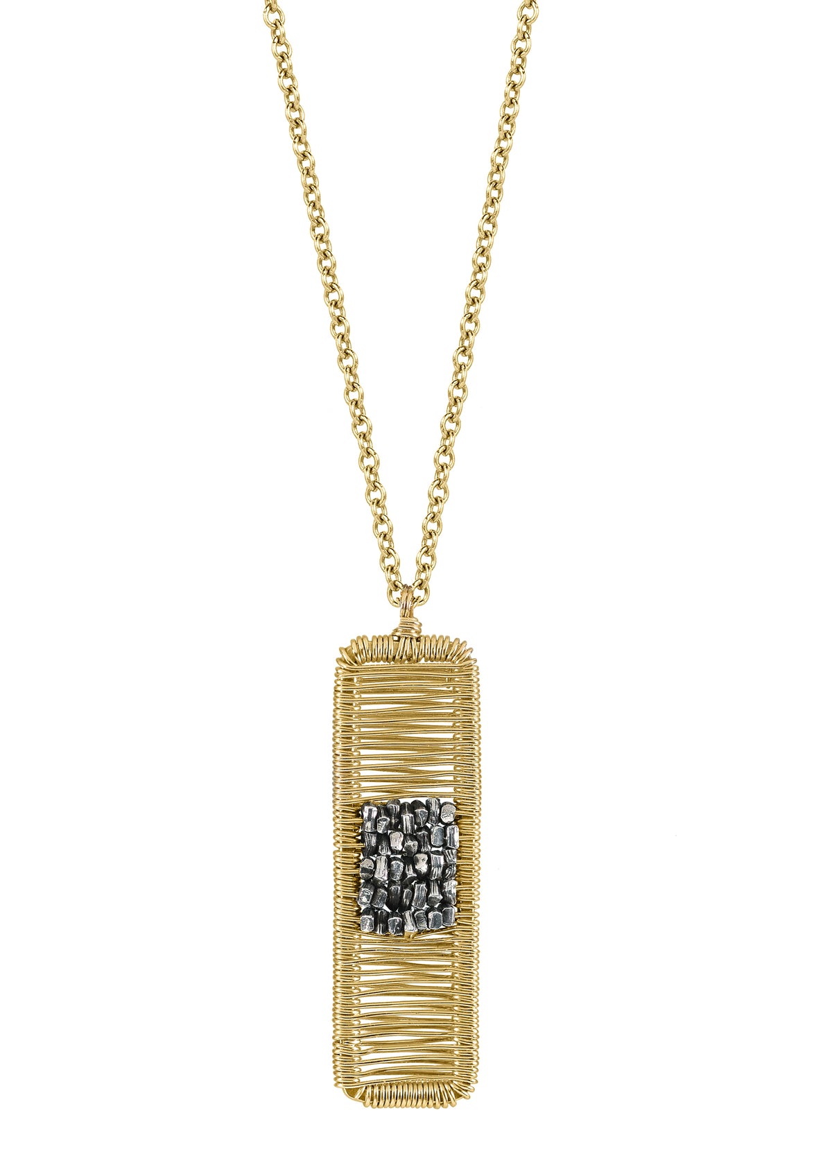 Mixed metal ingot necklace with rough sterling silver beads in a hand wire-wrapped 14k gold fill cocoon pendant.