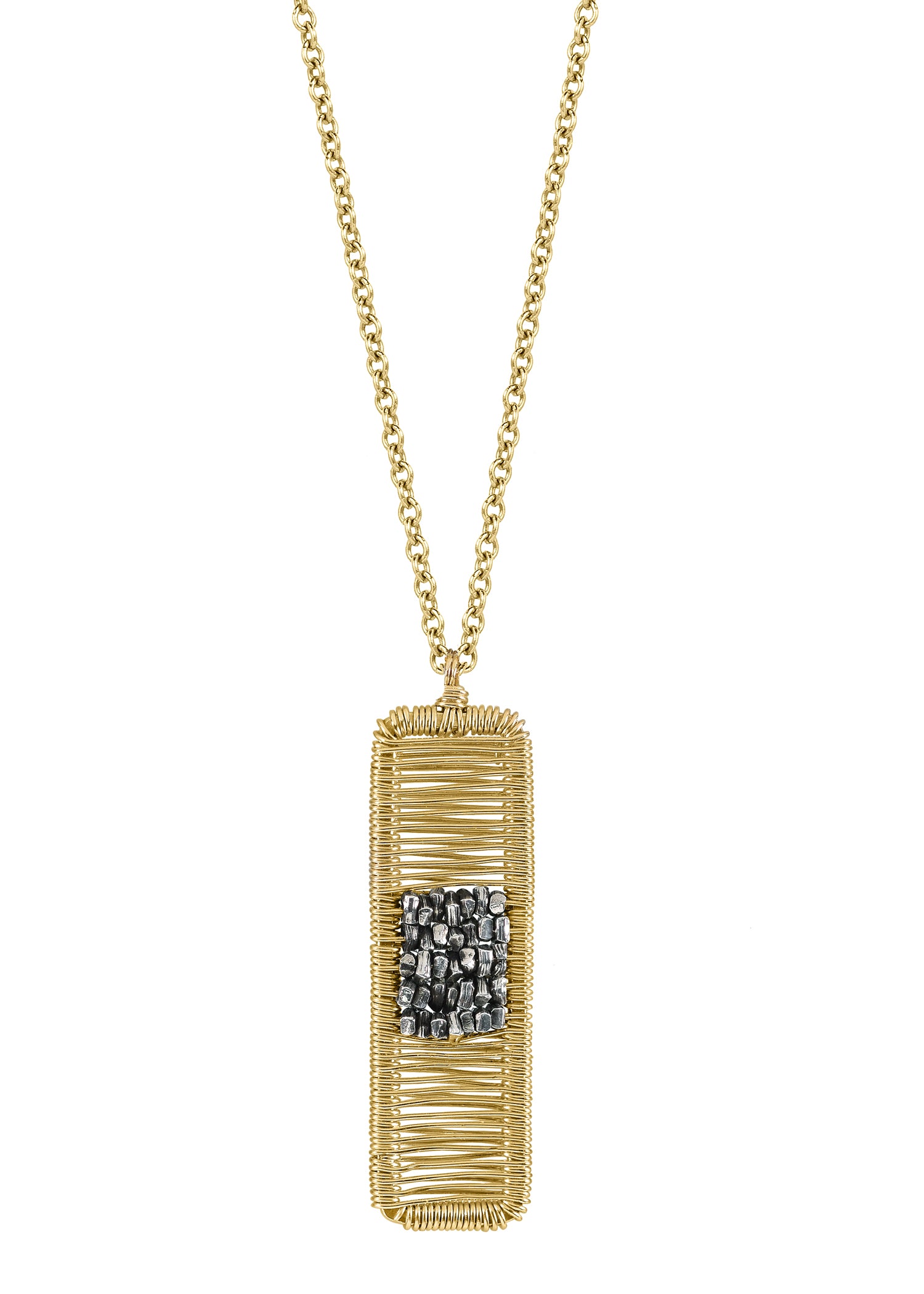 Mixed metal ingot necklace with rough sterling silver beads in a hand wire-wrapped 14k gold fill cocoon pendant.