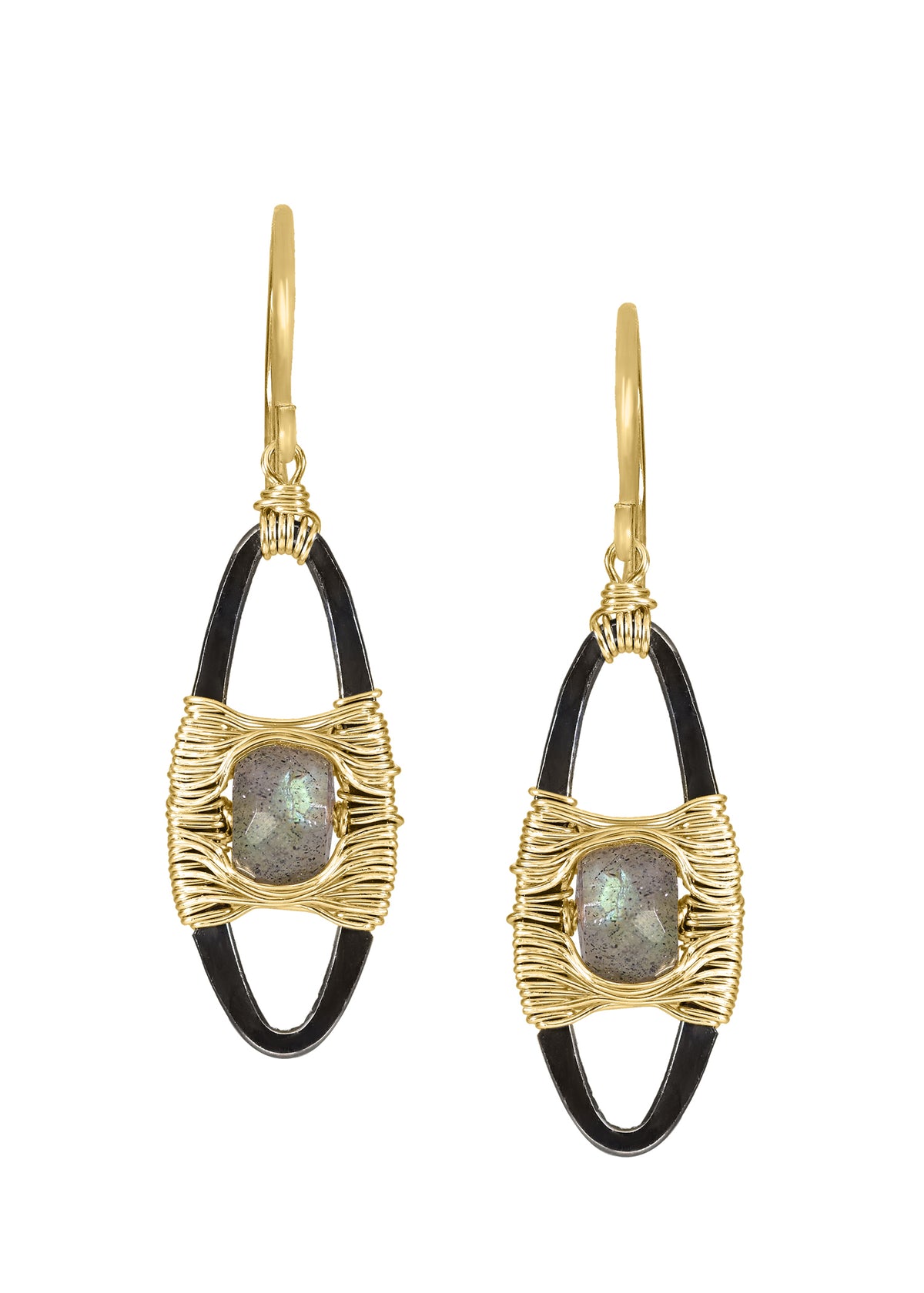 Labradorite earrings with hand wire-wrapped 14k gold fill and blackened sterling silver in a marquis shape.