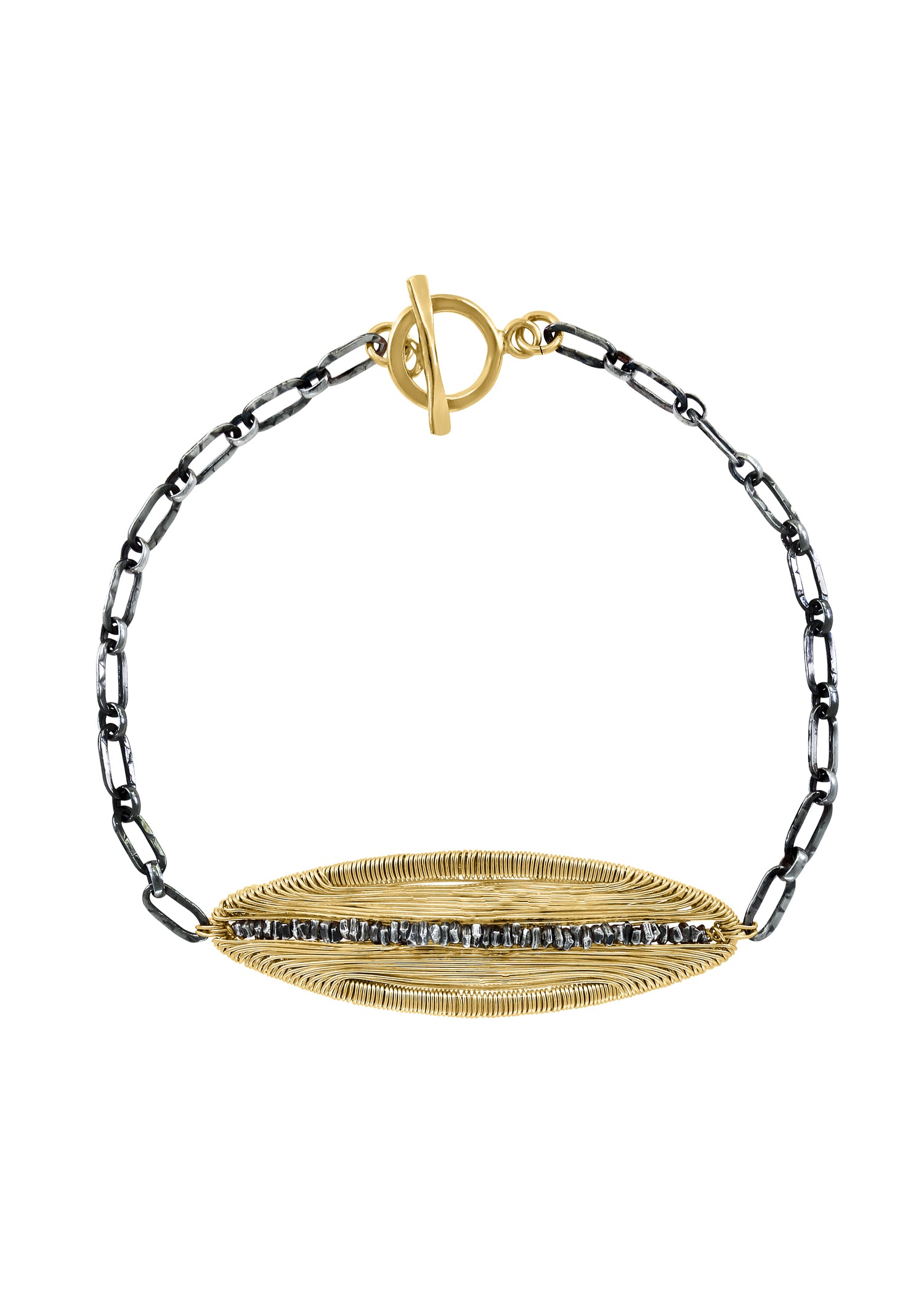 Pod bracelet with hand wire-wrapped 14k gold fill and sterling silver oval pendant on a mixed metal chain.