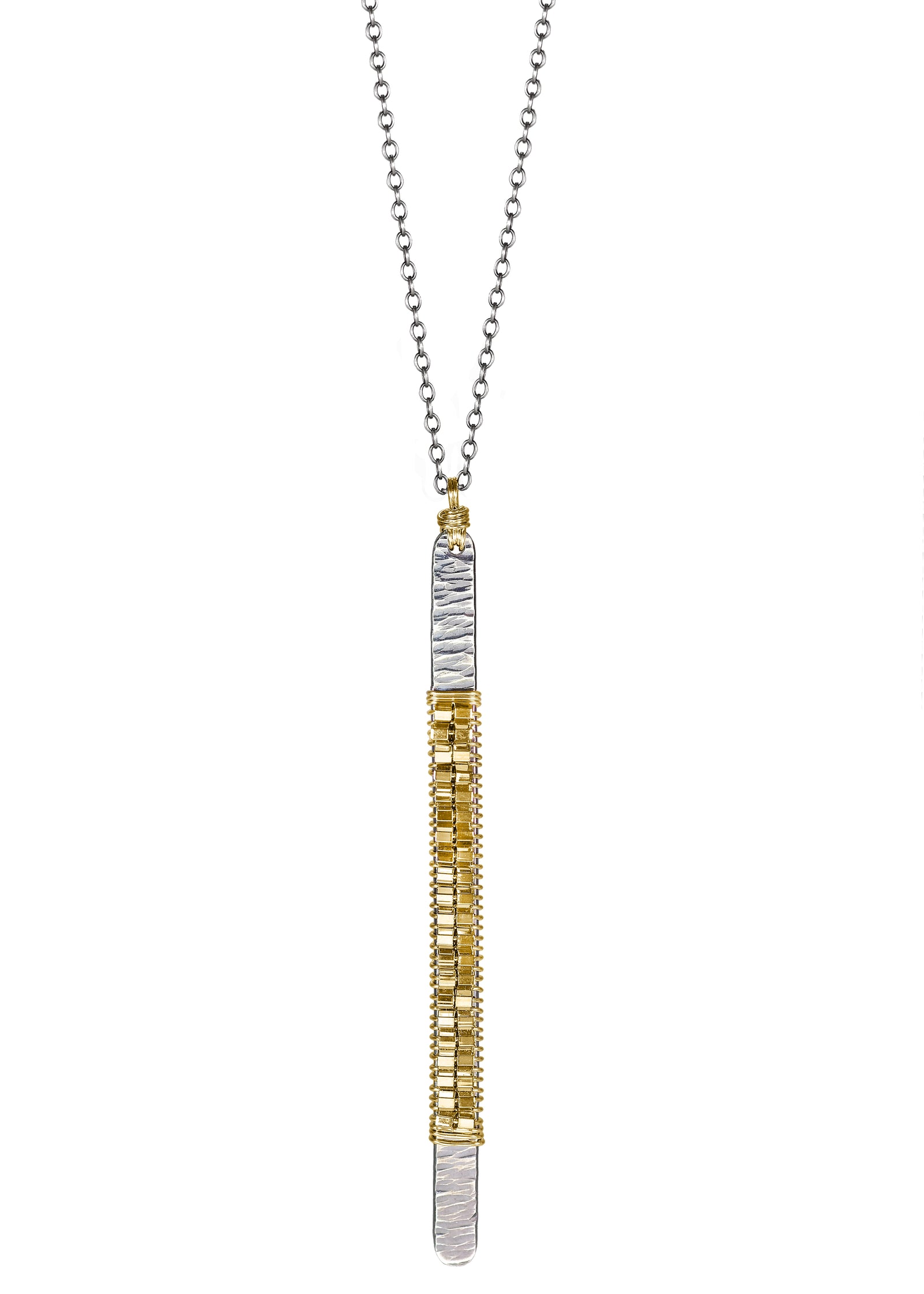 Necklace with hand-textured sterling silver bar, 14k gold fill seed beads, and hand wire-wrapped gold detail.
