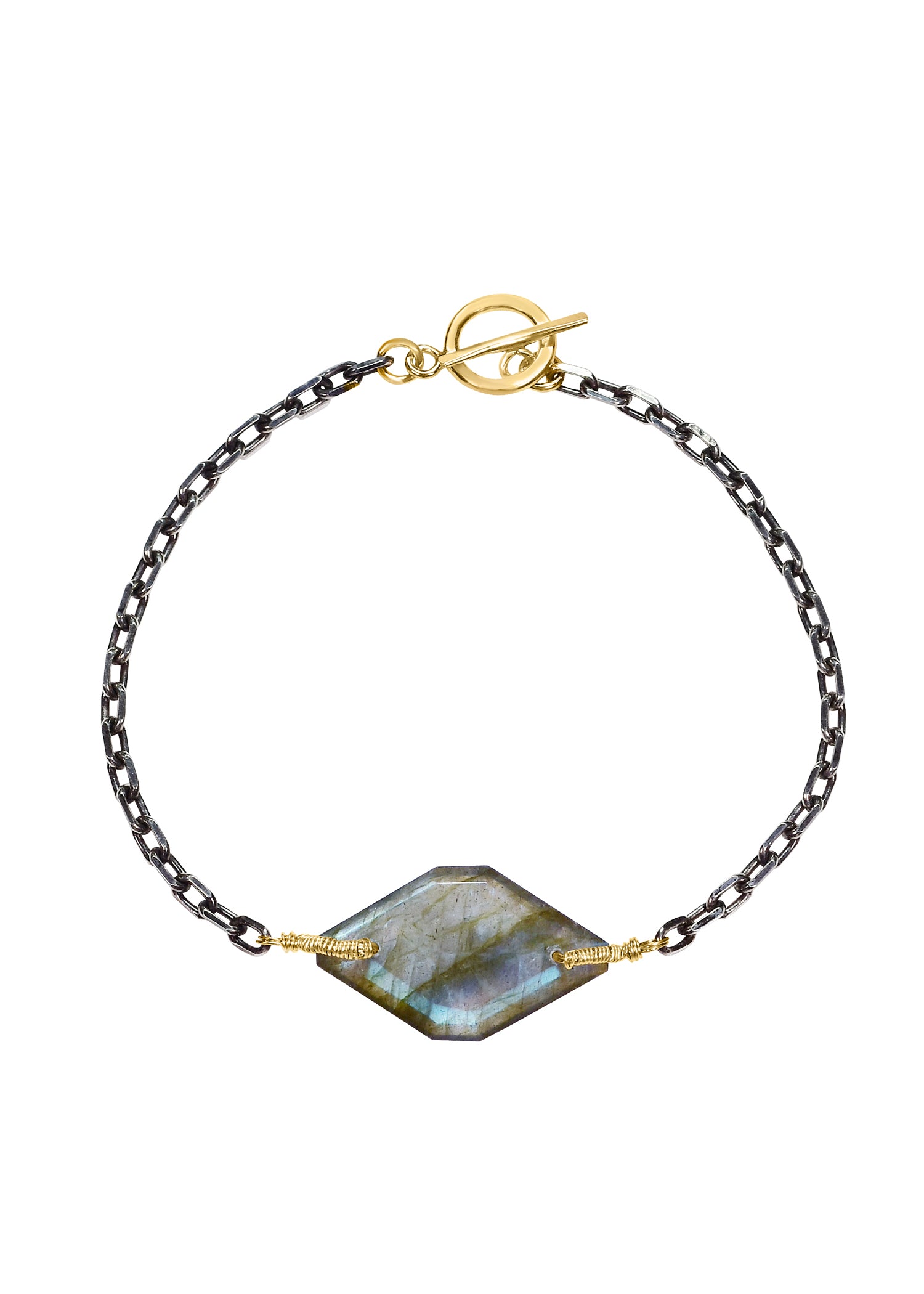 Labradorite bracelet with hand wire-wrapped 14k gold fill and sterling silver chain and toggle clasp.