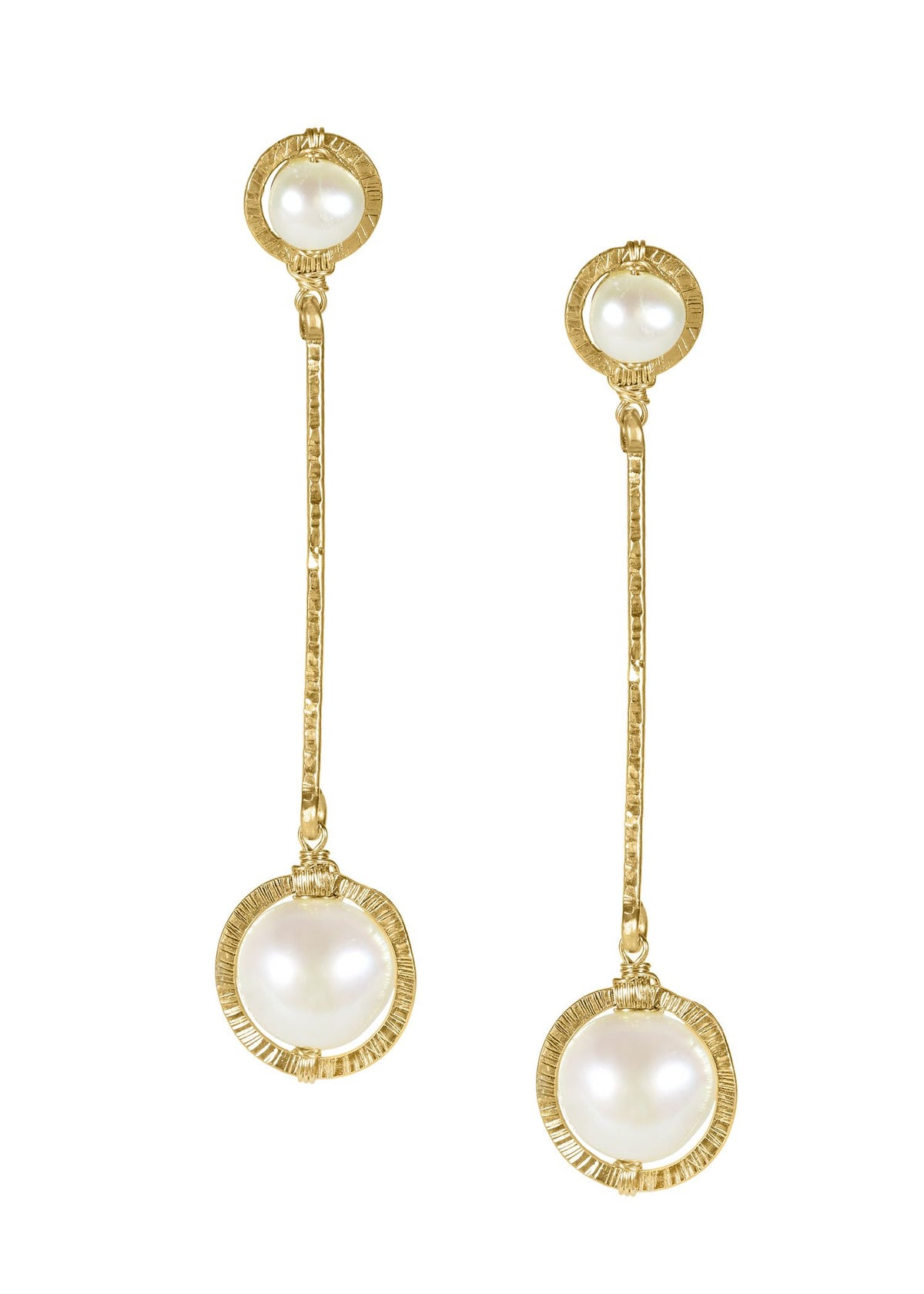 Freshwater pearl post earrings in 14k gold fill with hand-textured frames and connecting bars.