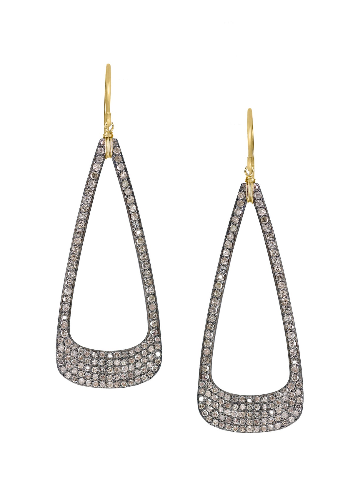 Teardrop hoop earrings with pave diamonds, 14k gold ear wires, and hand wire-wrapped sterling silver frames.