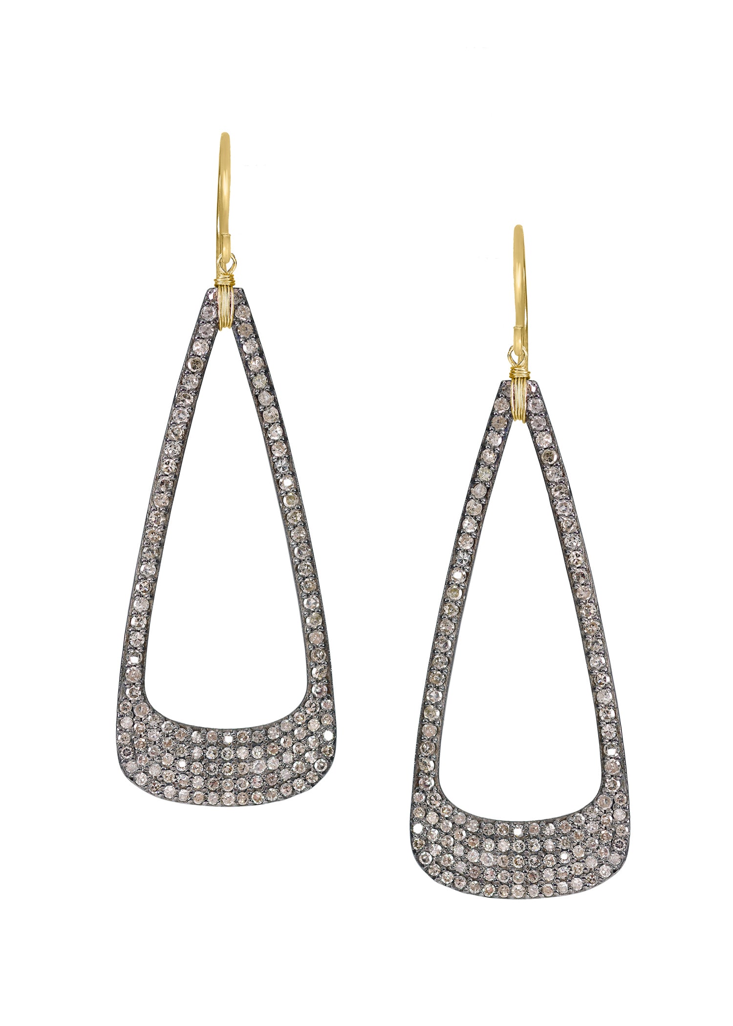 Teardrop hoop earrings with pave diamonds, 14k gold ear wires, and hand wire-wrapped sterling silver frames.