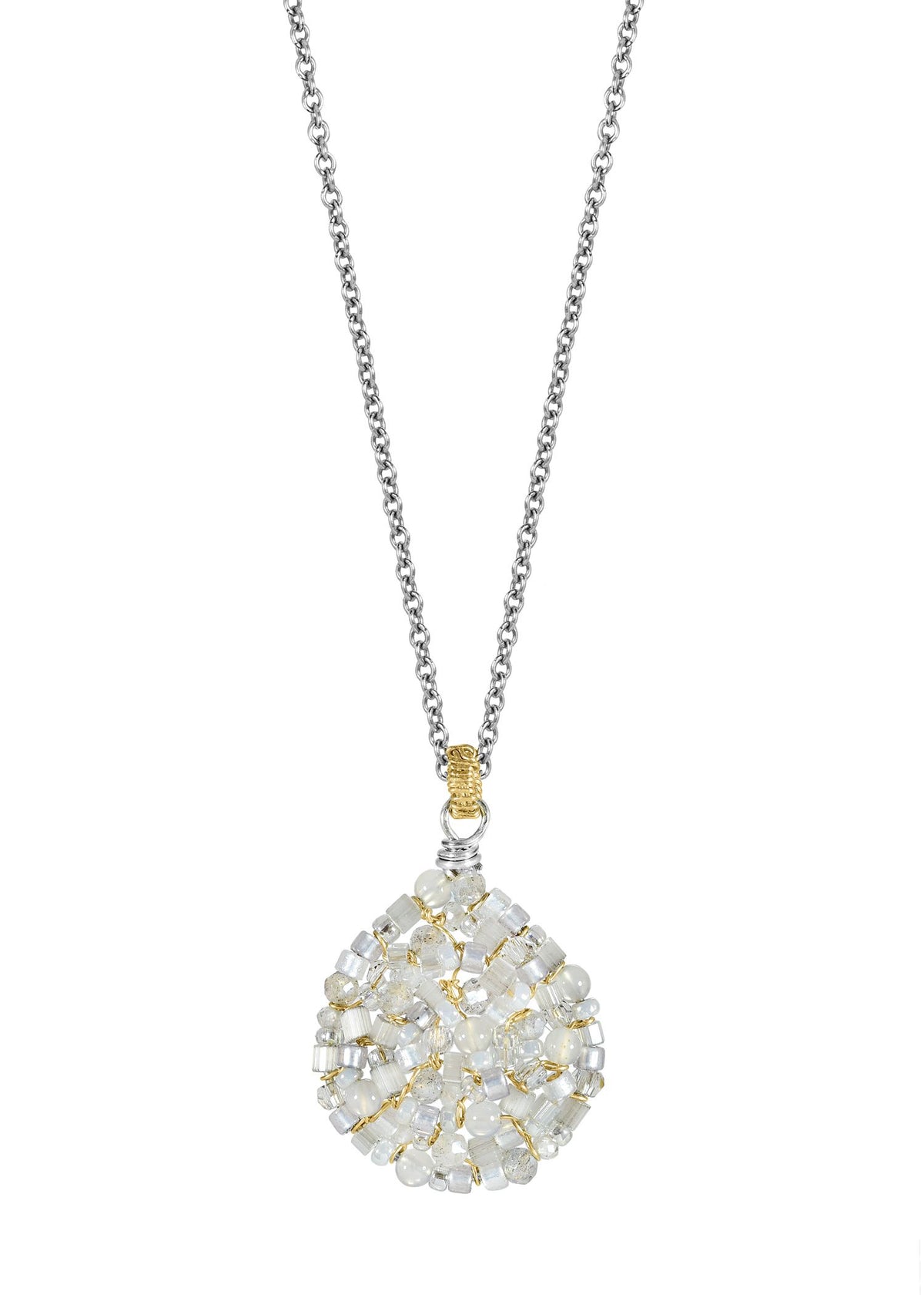Moonstone and labradorite pendant necklace with 14k gold fill and sterling silver, featuring hand wire-wrapped beads.