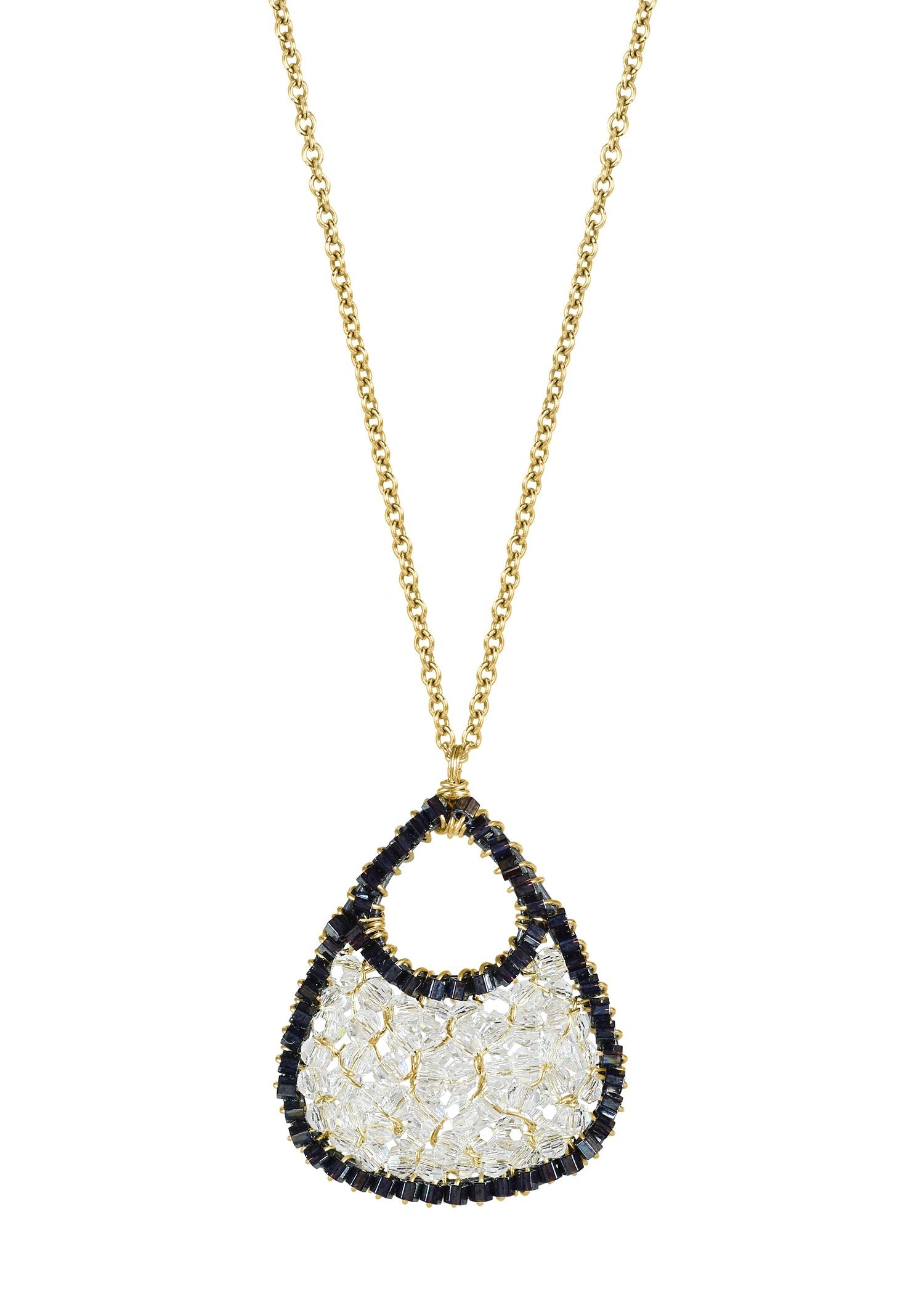 Crystal Dark hematite seed beads 14k gold fill Necklace measures 16-1/4" long Pendant measures 15/16" in length and 3/4" in width Handmade in our Los Angeles studio