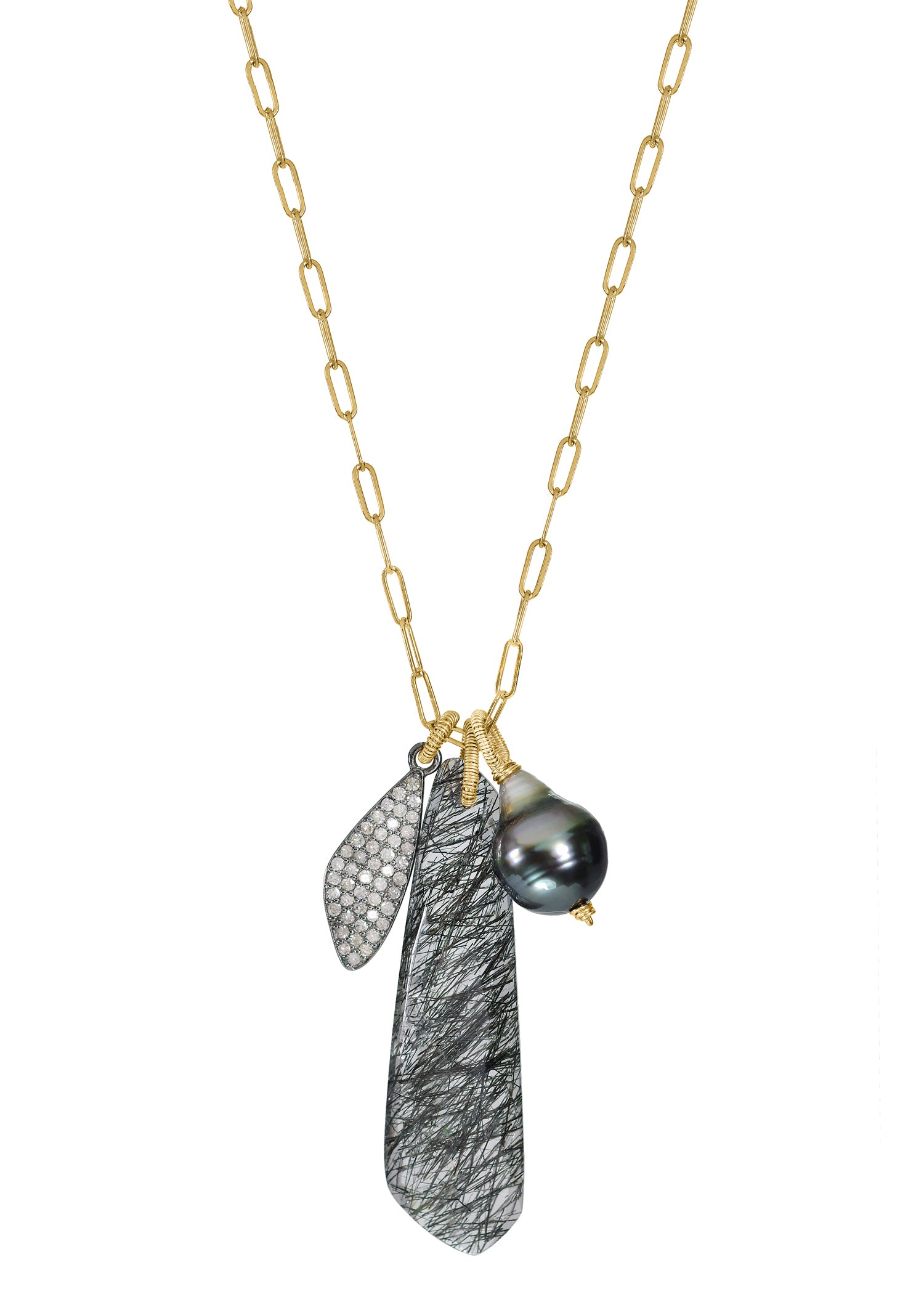 Diamond Black tourmalated quartz Tahitian pearl 14k gold Necklace measures 32" in length Pendants measure 3/4" in length and 1/4" in width(pave), 1 5/8" in length and 1/2" in width (quartz), and 1/2" in length and  3/8" in width (pearl) Handmade in our Los Angeles studio