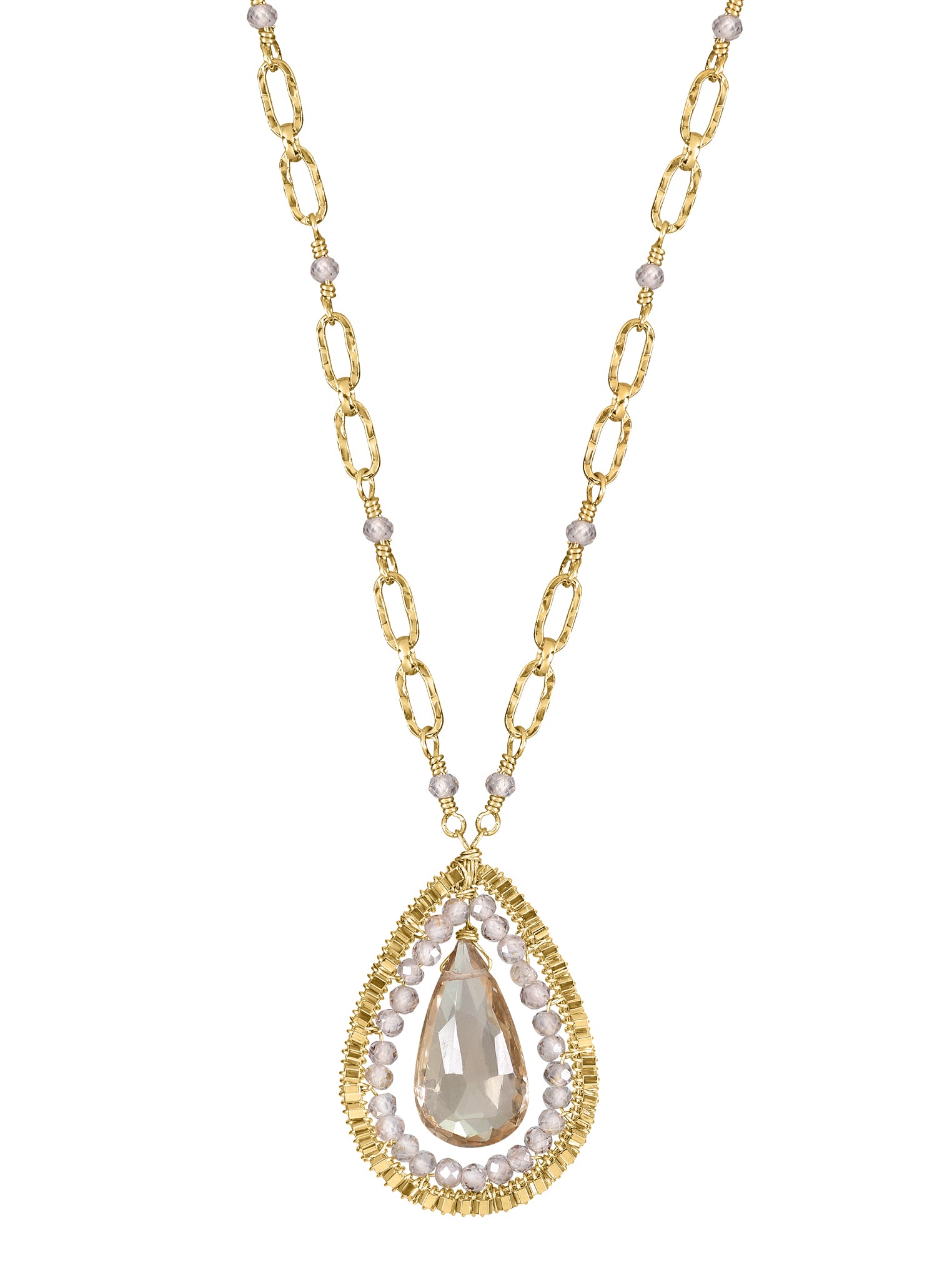 Champagne citrine Brown zircon Seed beads 14k gold fill Necklace measures 17-7/8" in length Pendant measures 1" in length and 3/4" in width at the widest point Handmade in our Los Angeles studio
