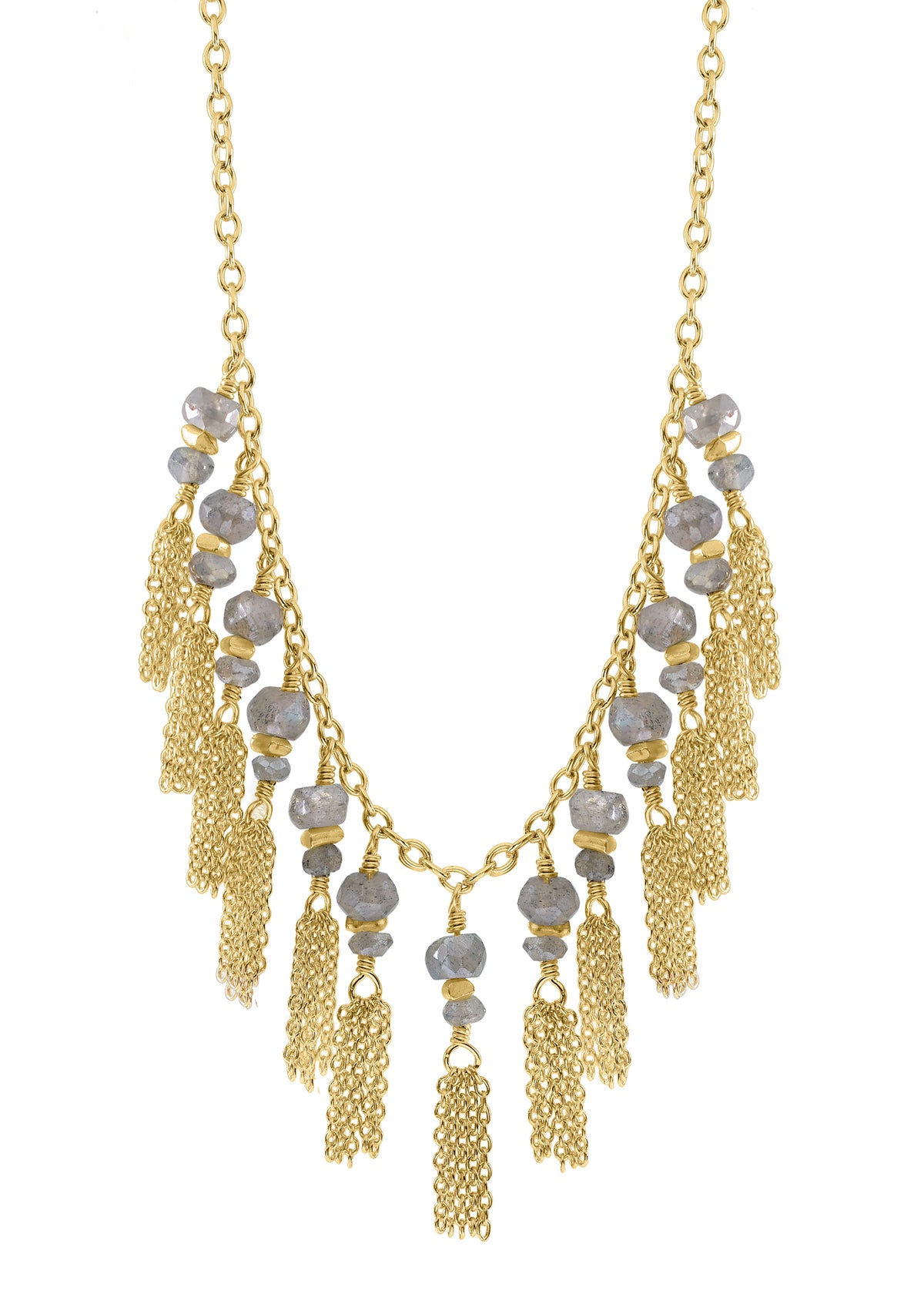 Labradorite 14k gold fill 14k gold vermeil sterling silver beads Necklace measures 17&quot; in length Tassels measure 3/4&quot; in length and 3/16&quot; in width (x13) Handmade in our Los Angeles studio