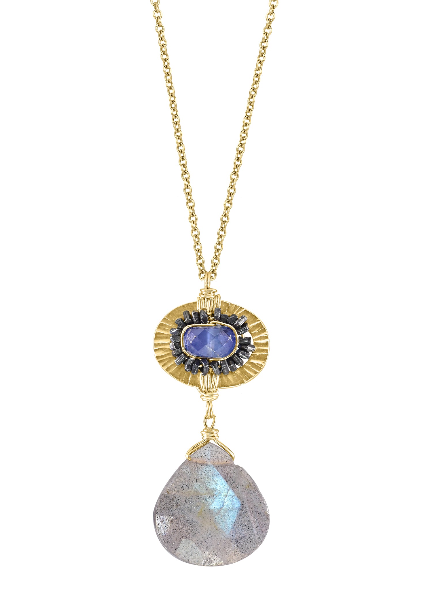 Kyanite Labradorite 14k gold fill Sterling silver Mixed metal Necklace measures 16" in length Pendant measures 1-1/8" in length and 1/2" in width at the widest point Handmade in our Los Angeles studio