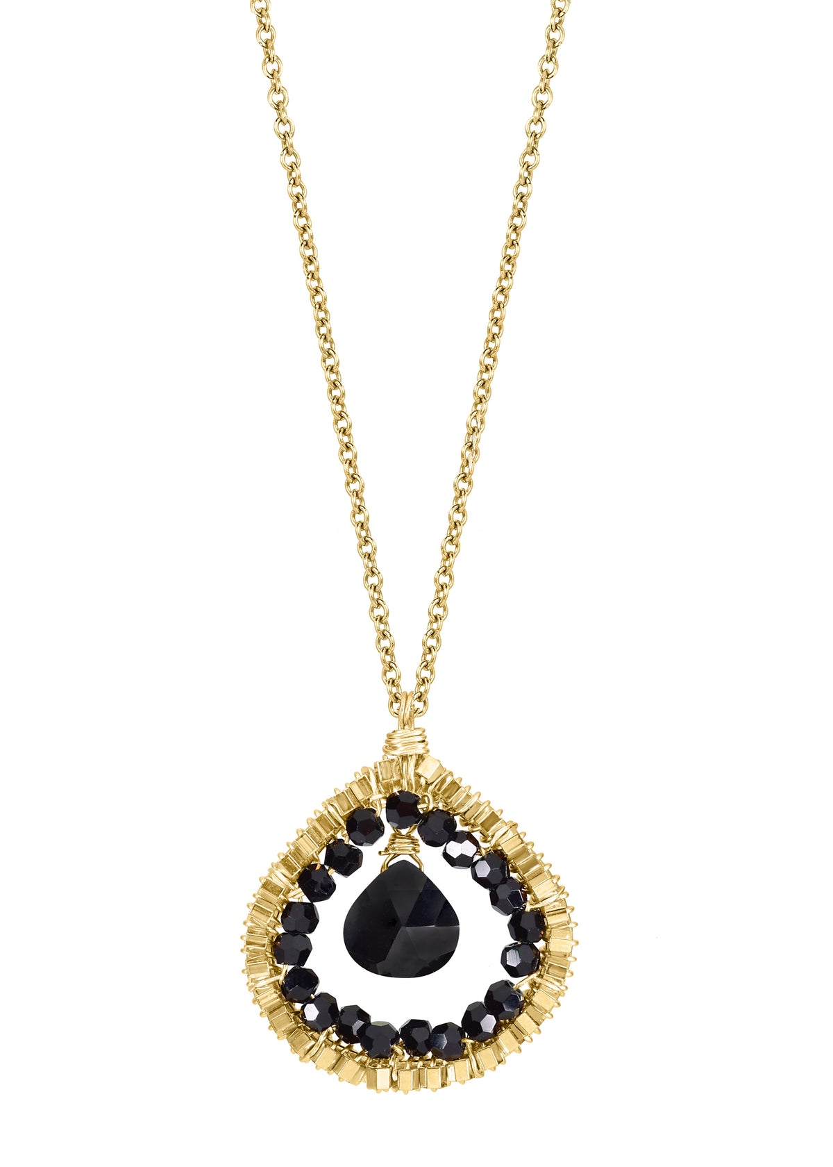 Black spinel Crystal Seed beads 14k gold fill Necklace measures 17&quot; in length Pendant measures 11/16&quot; in length and 5/8&quot; in width at the widest point Handmade in our Los Angeles studio