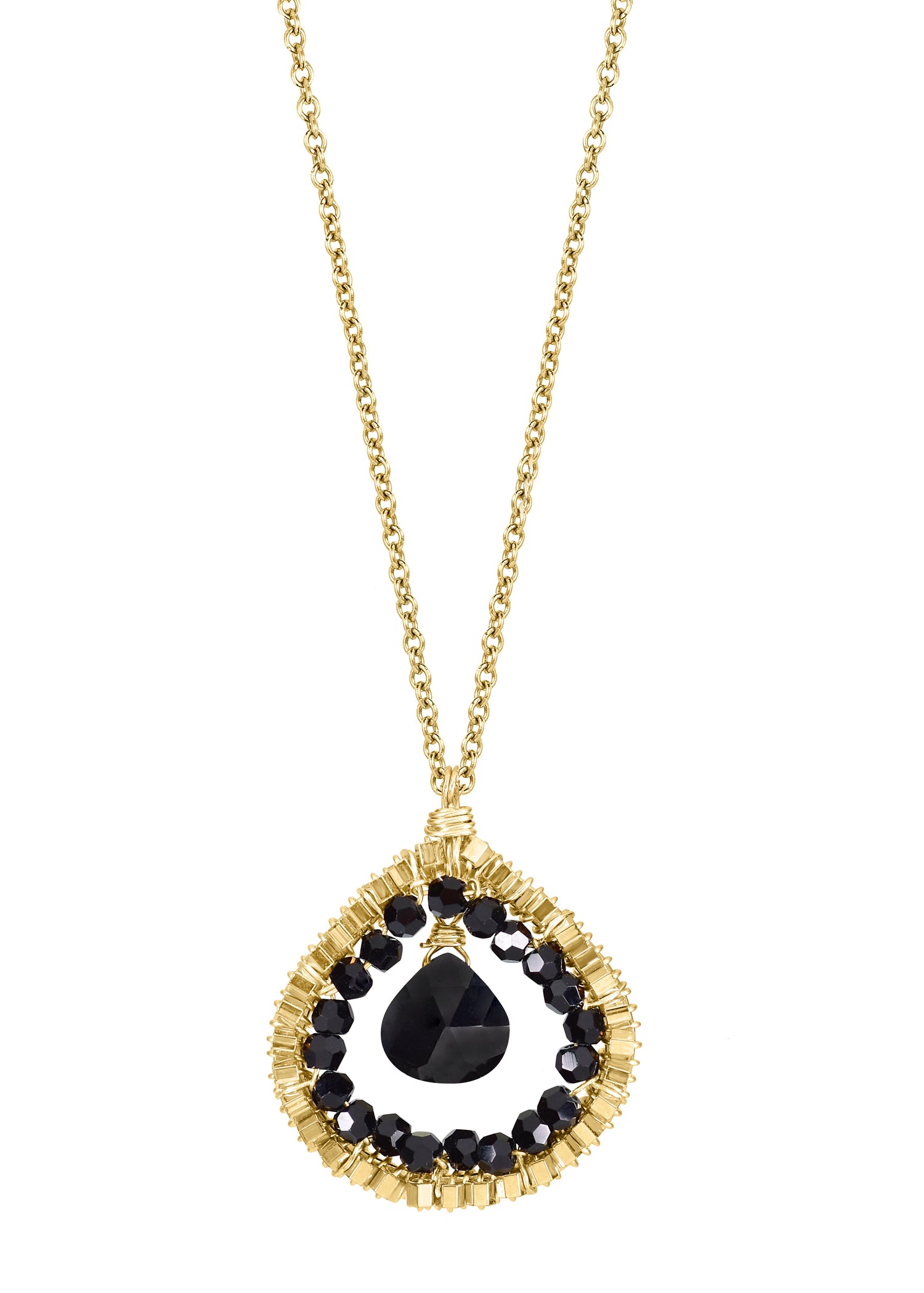 Black spinel Crystal Seed beads 14k gold fill Necklace measures 17" in length Pendant measures 11/16" in length and 5/8" in width at the widest point Handmade in our Los Angeles studio
