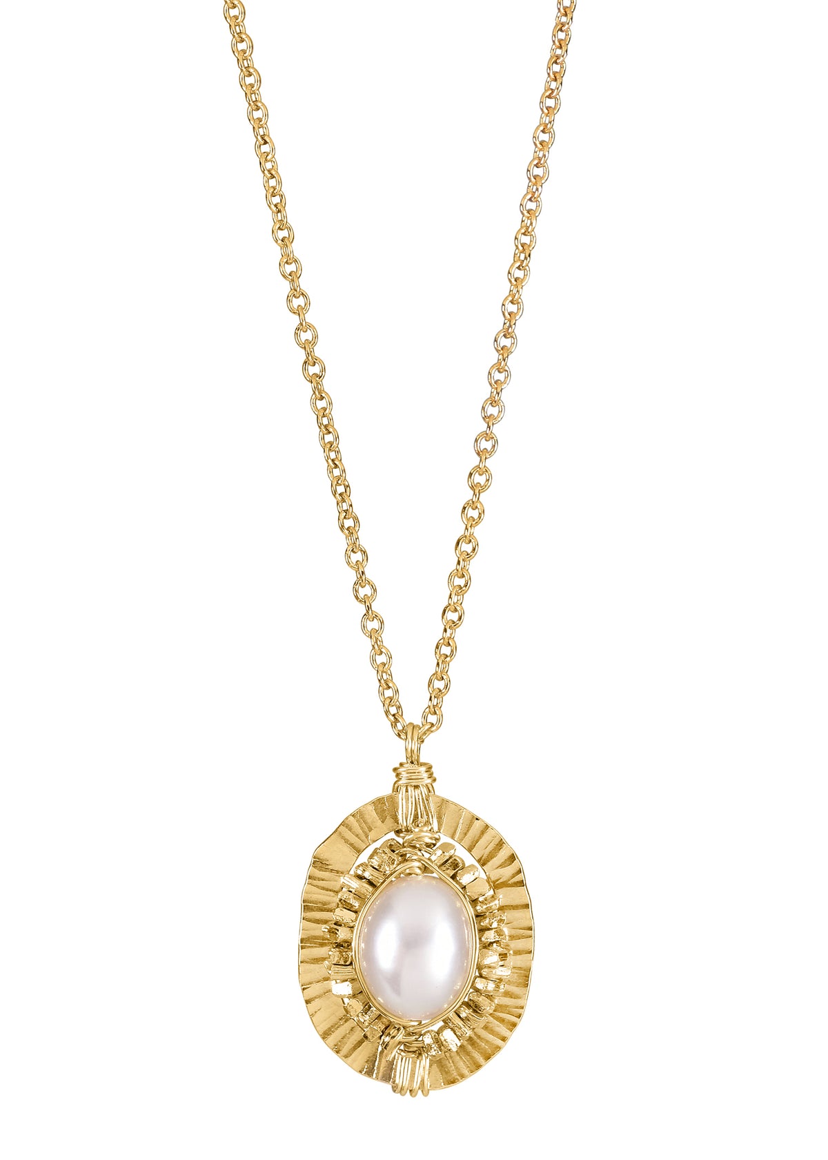 Freshwater pearl 14k gold fill 14k gold vermeil sterling silver beads Necklace measures 17&quot; in length Pendant measures 9/16&quot; in length and 7/16&quot; in width Handmade in our Los Angeles studio
