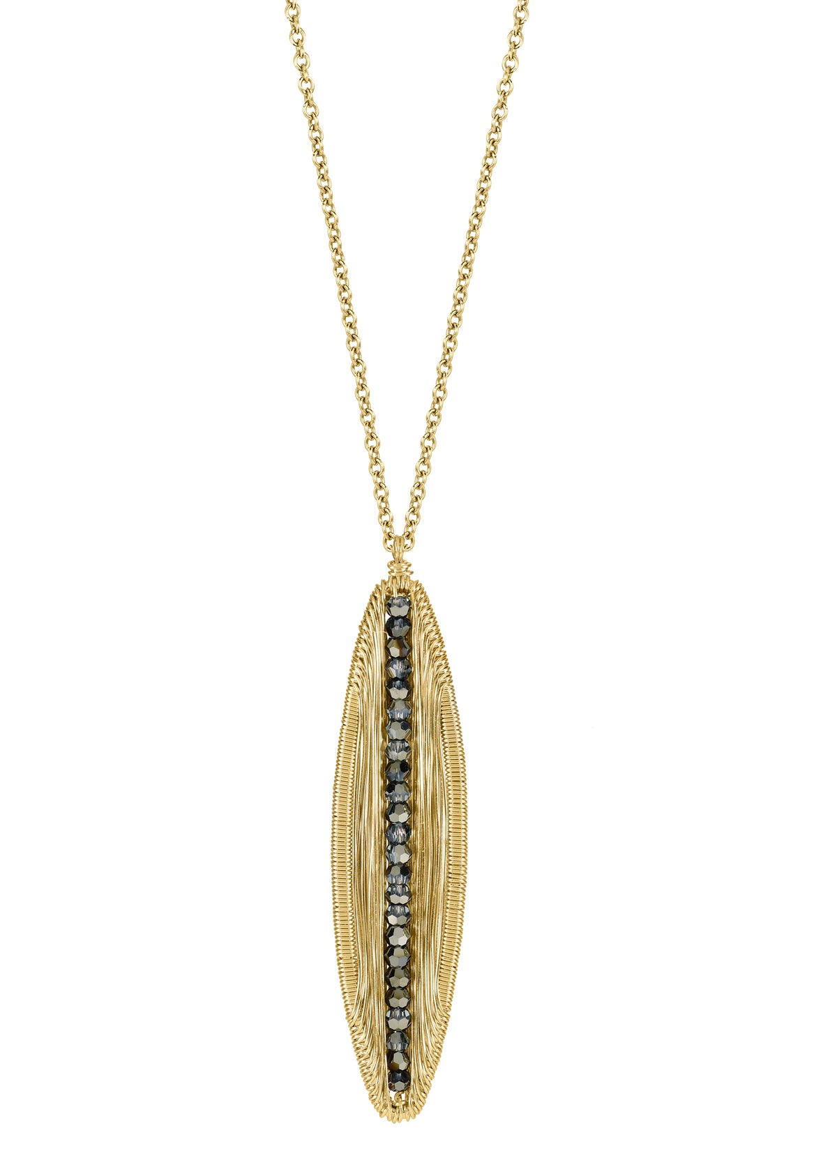 Crystal 14k gold fill Necklace measures 18&quot; in length Pendant measures 1-11/16&quot; in length and 3/8&quot; in width at the widest point Handmade in our Los Angeles studio