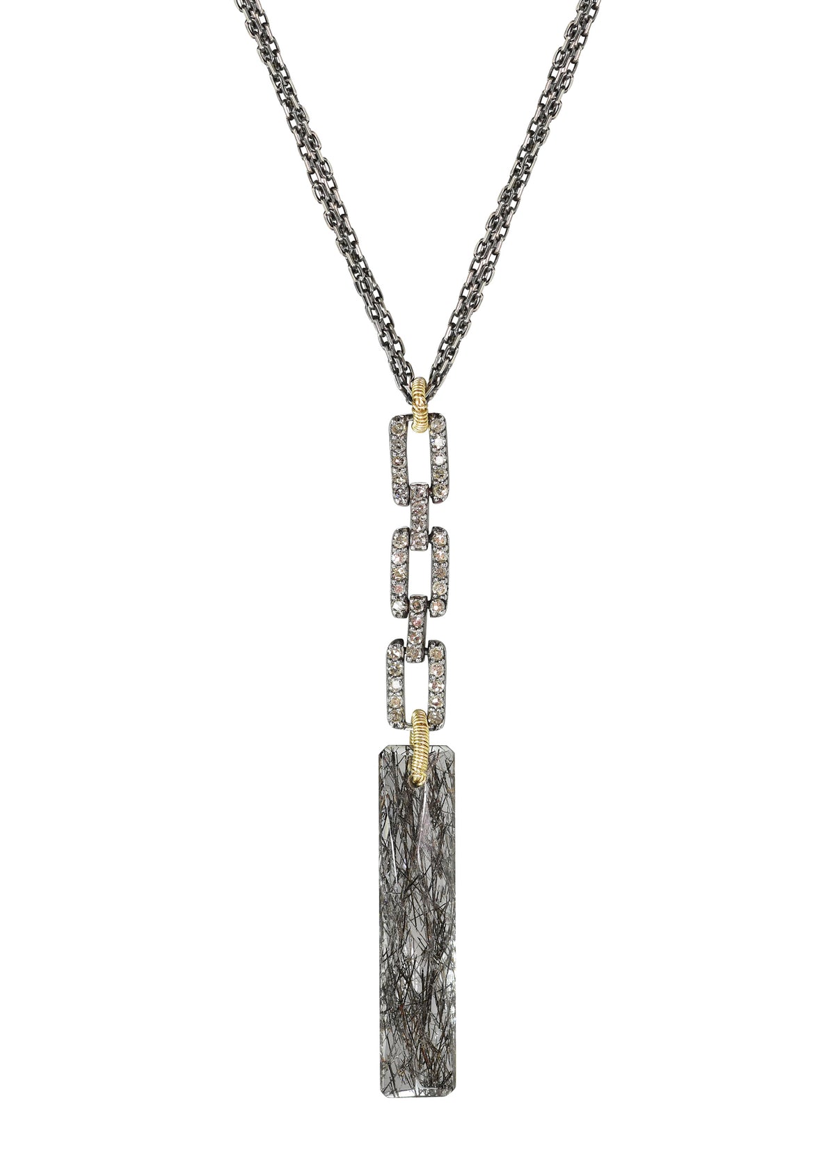 Diamond Black tourmalated quartz 14k gold Sterling silver Mixed metal Special order only Triple chain measures 17&quot; in length Pendant measures 2-1/4&quot; in length and 1/4&quot; in width at the widest point Handmade in our Los Angeles studio