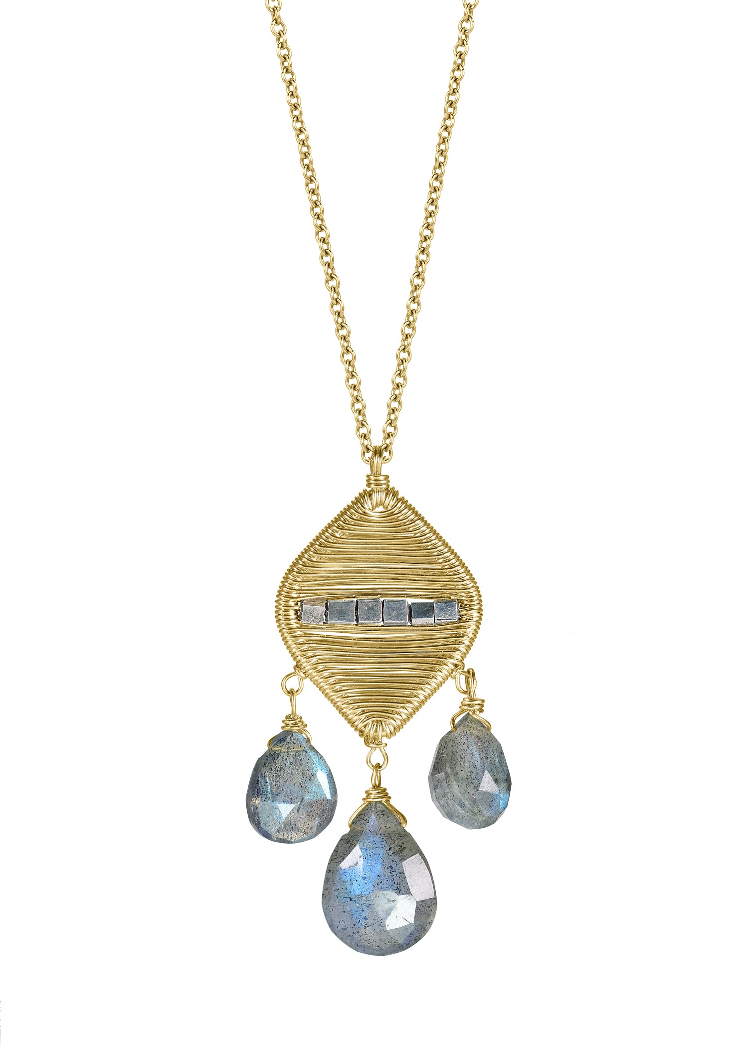 Labradorite 14k gold fill Sterling silver Mixed metal Necklace measures 16-1/2" in length Pendant measures 1-1/4" in length and 1/2" in width at the widest point Handmade in our Los Angeles studio