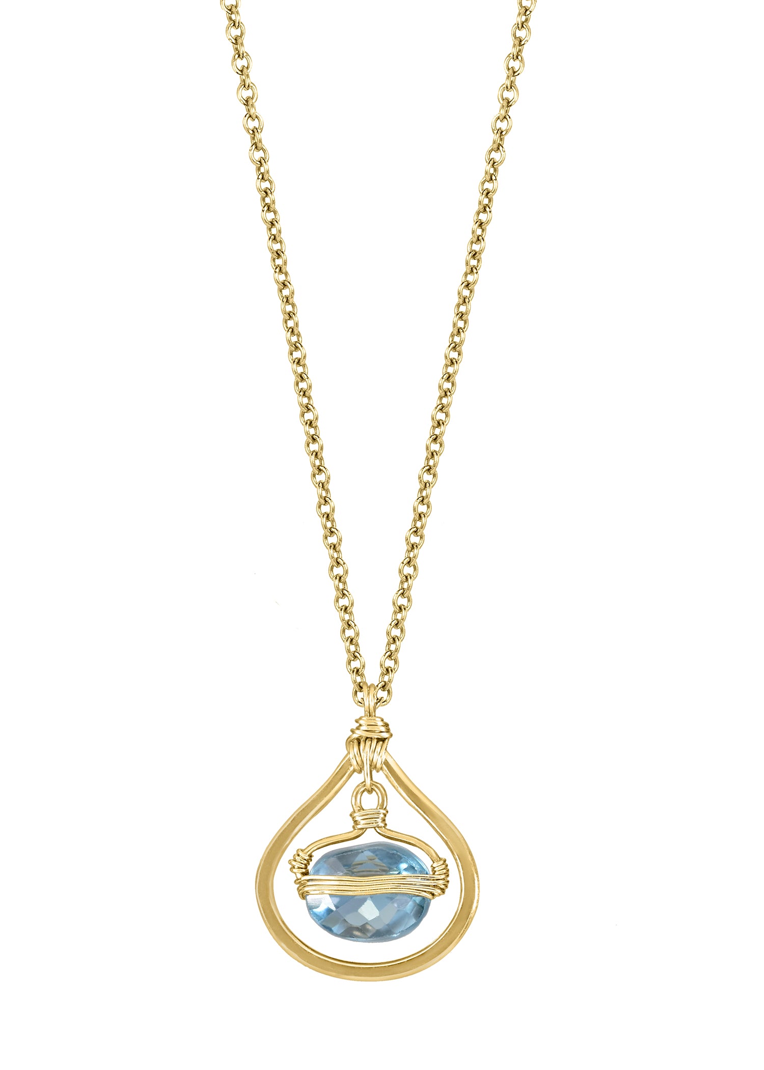 London blue topaz 14k gold fill Necklace measures 16" in length Pendant measures 1/2" in length and 1/2" in width at the widest point Handmade in our Los Angeles studio