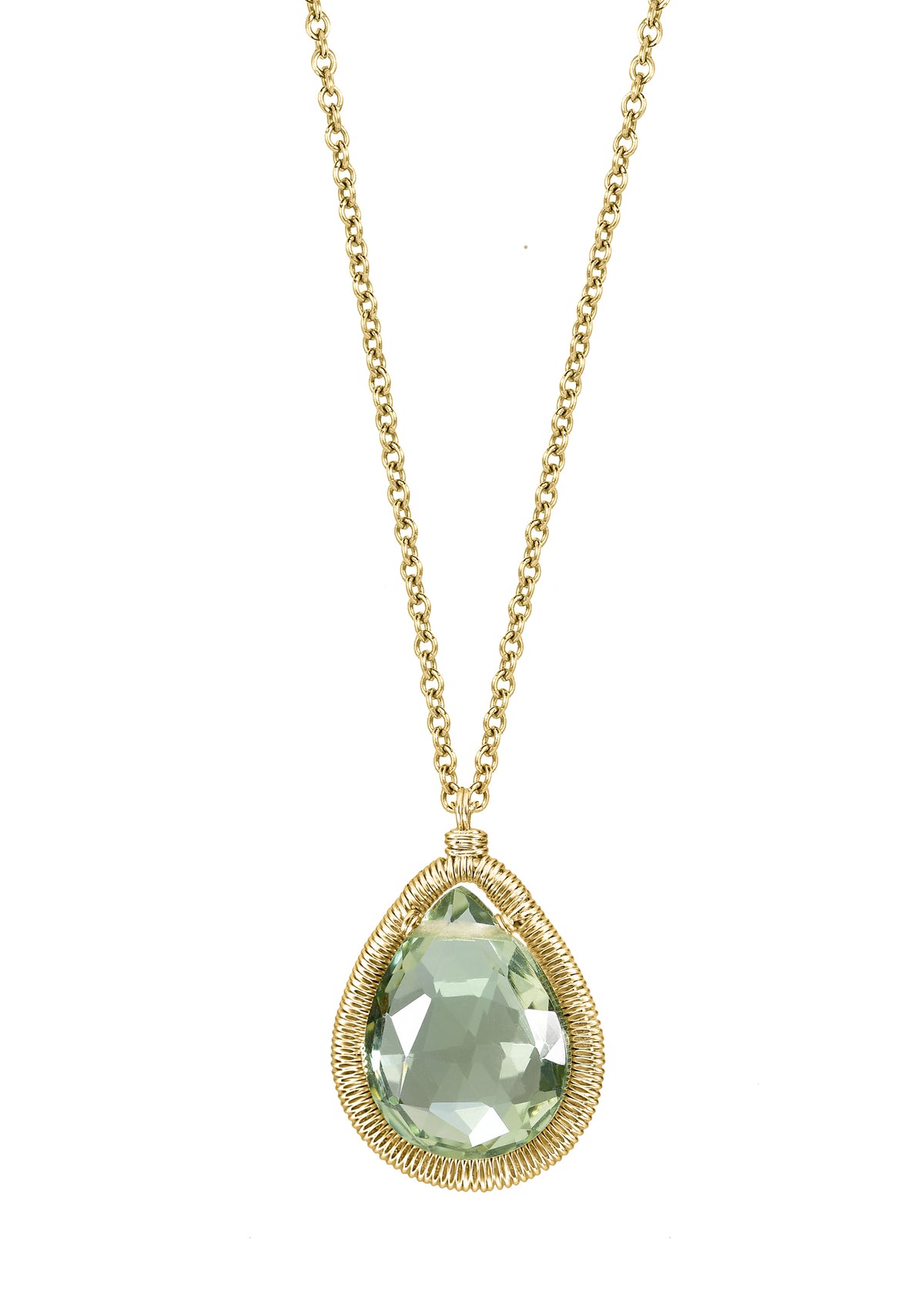 Green quartz 14k gold fill Necklace measures 16-3/4&quot; in length Pendant measures 5/8&quot; in length and 1/2&quot; in width at the widest point Handmade in our Los Angeles studio