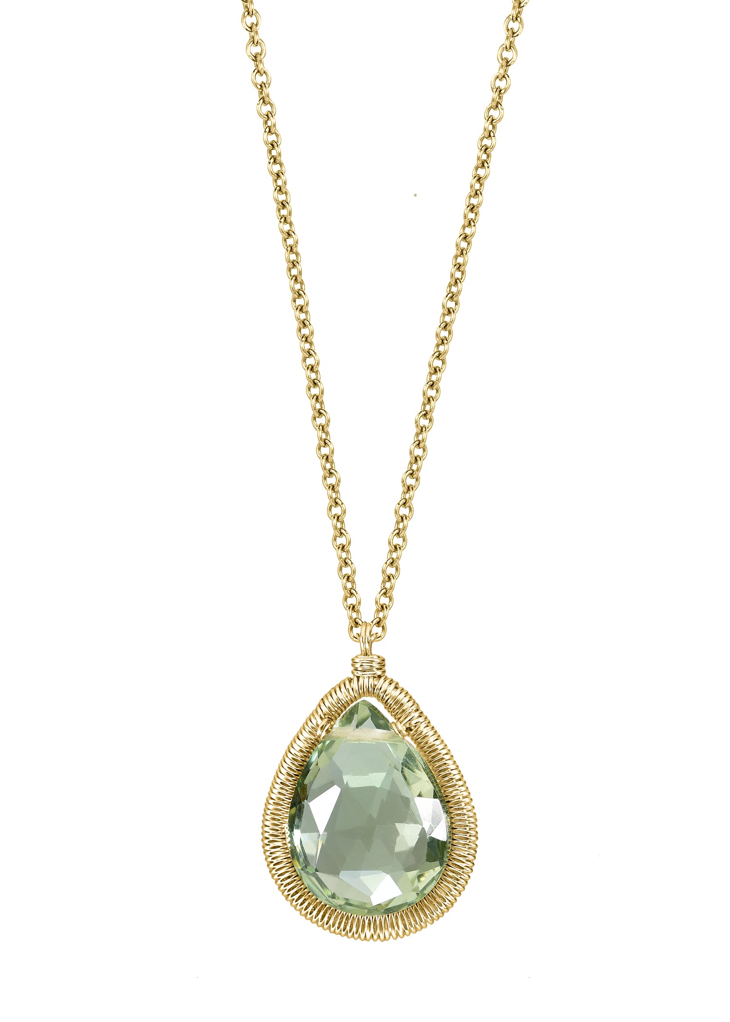 Green quartz 14k gold fill Necklace measures 16-3/4" in length Pendant measures 5/8" in length and 1/2" in width at the widest point Handmade in our Los Angeles studio