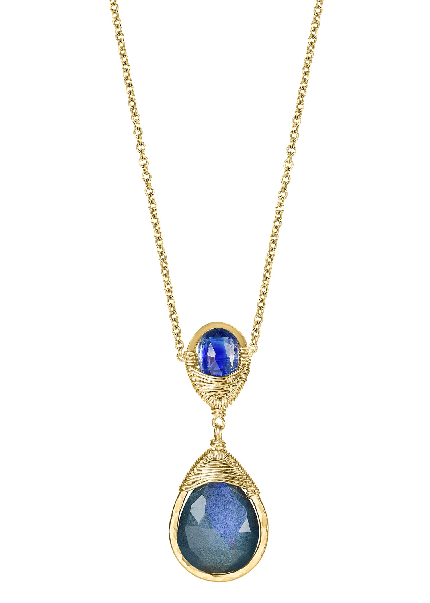 Kyanite Labradorite 14k gold fill Necklace measures 17" in length Pendant measures 1-1/4" in length and 7/16" in width at the widest point Handmade in our Los Angeles studio