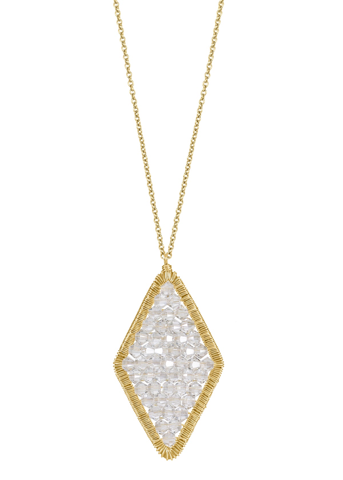 Crystal 14k gold fill Necklace measures 17&quot; in length Pendant measures 1-3/8&quot; in length and 3/4&quot; in width at the widest point Handmade in our Los Angeles studio