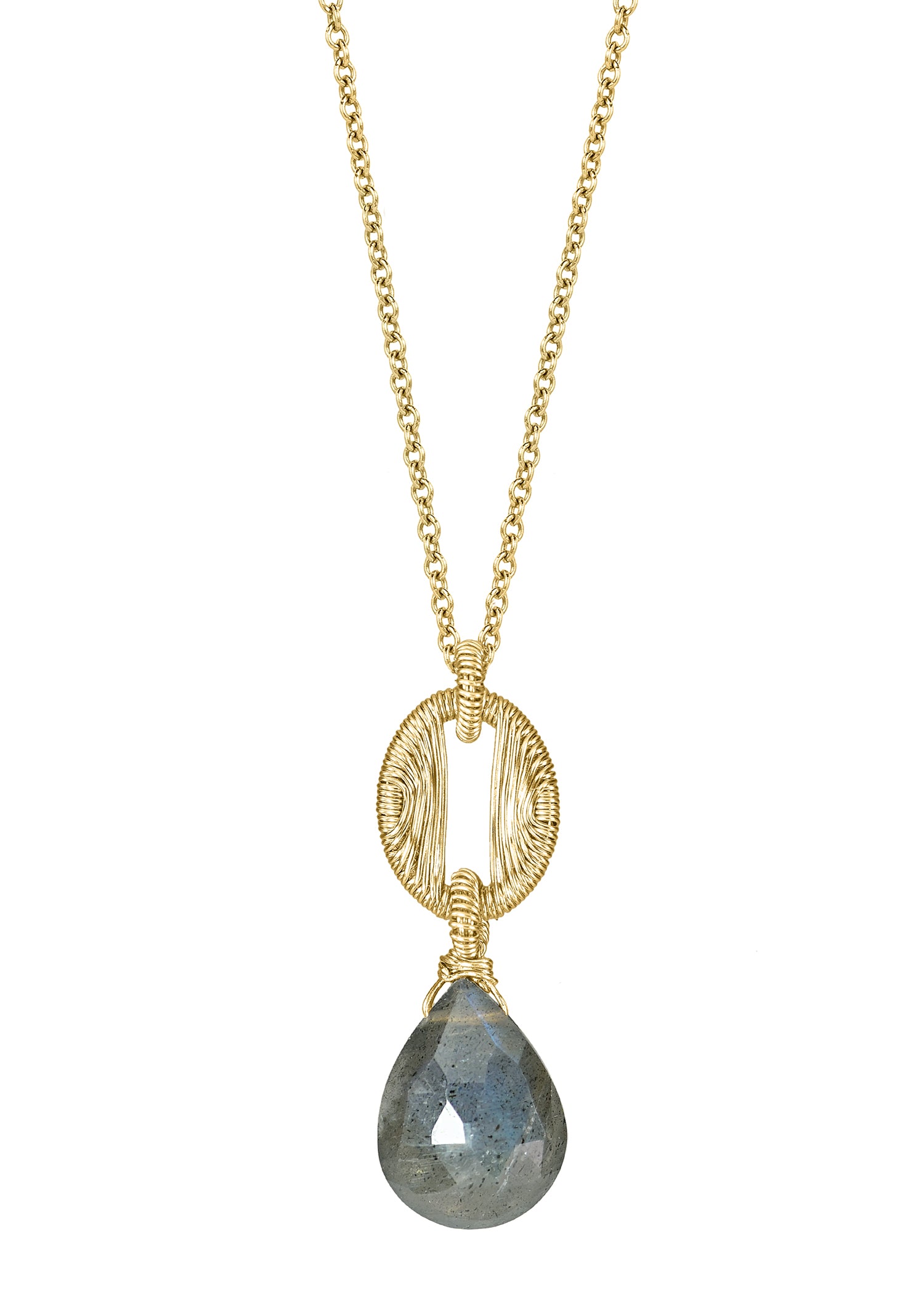 Labradorite 14k gold fill Necklace measures 17-1/4" in length Pendant measures 1-1/8" in length and 3/8" in width at the widest point Handmade in our Los Angeles studio