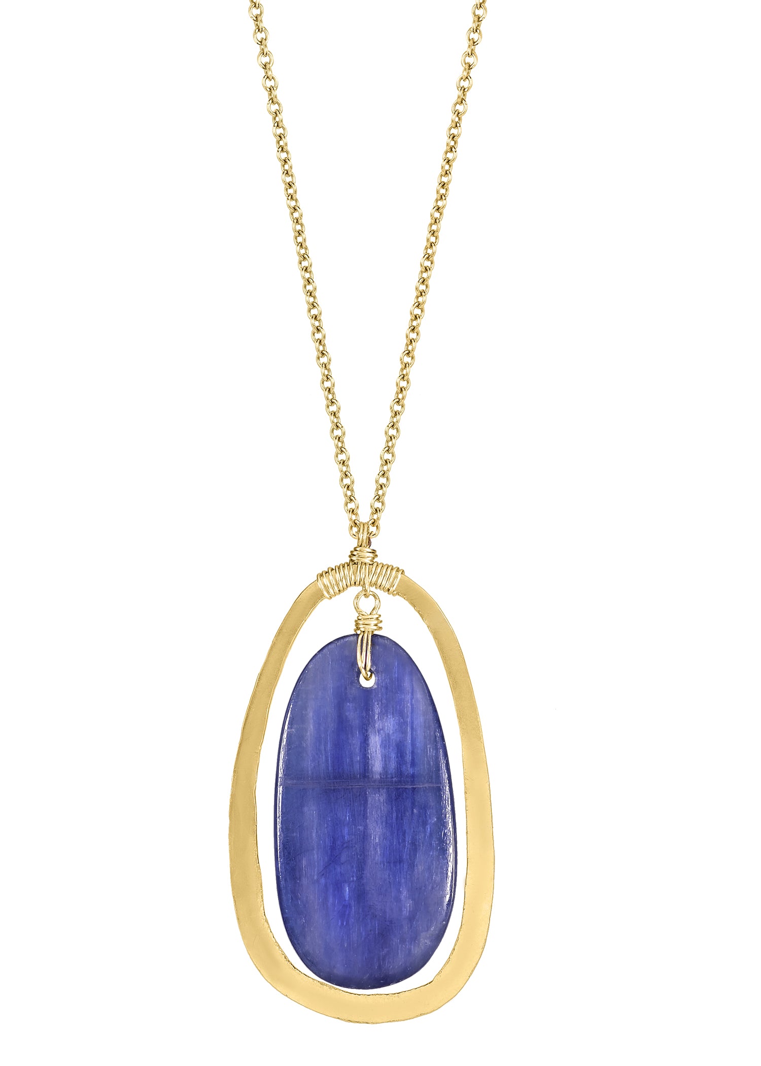 Kyanite 14k gold fill Necklace measures 28-1/4" in length Pendant measures 1-3/8" in length and 3/4" in width at the widest point Handmade in our Los Angeles studio